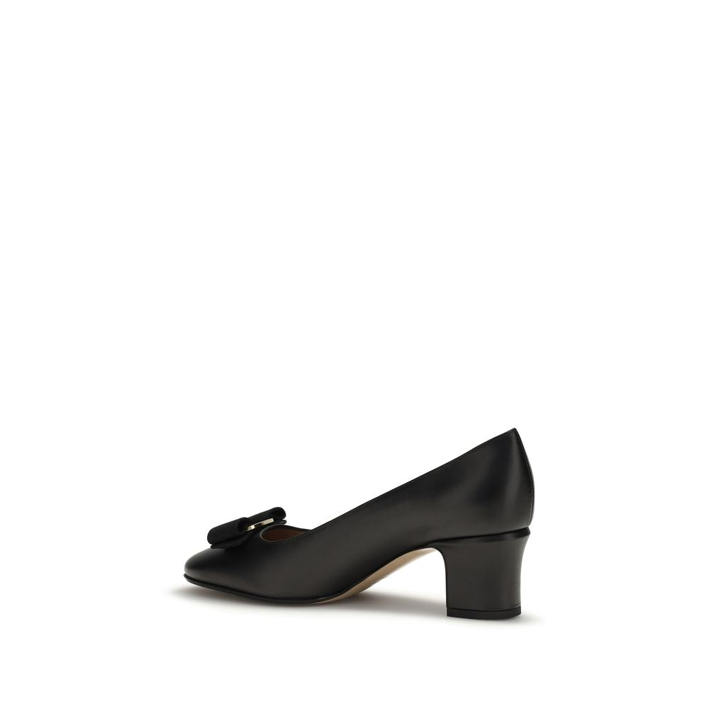 Ferragamo Black Calf Leather Bos Taurus Mid Heel Pumps