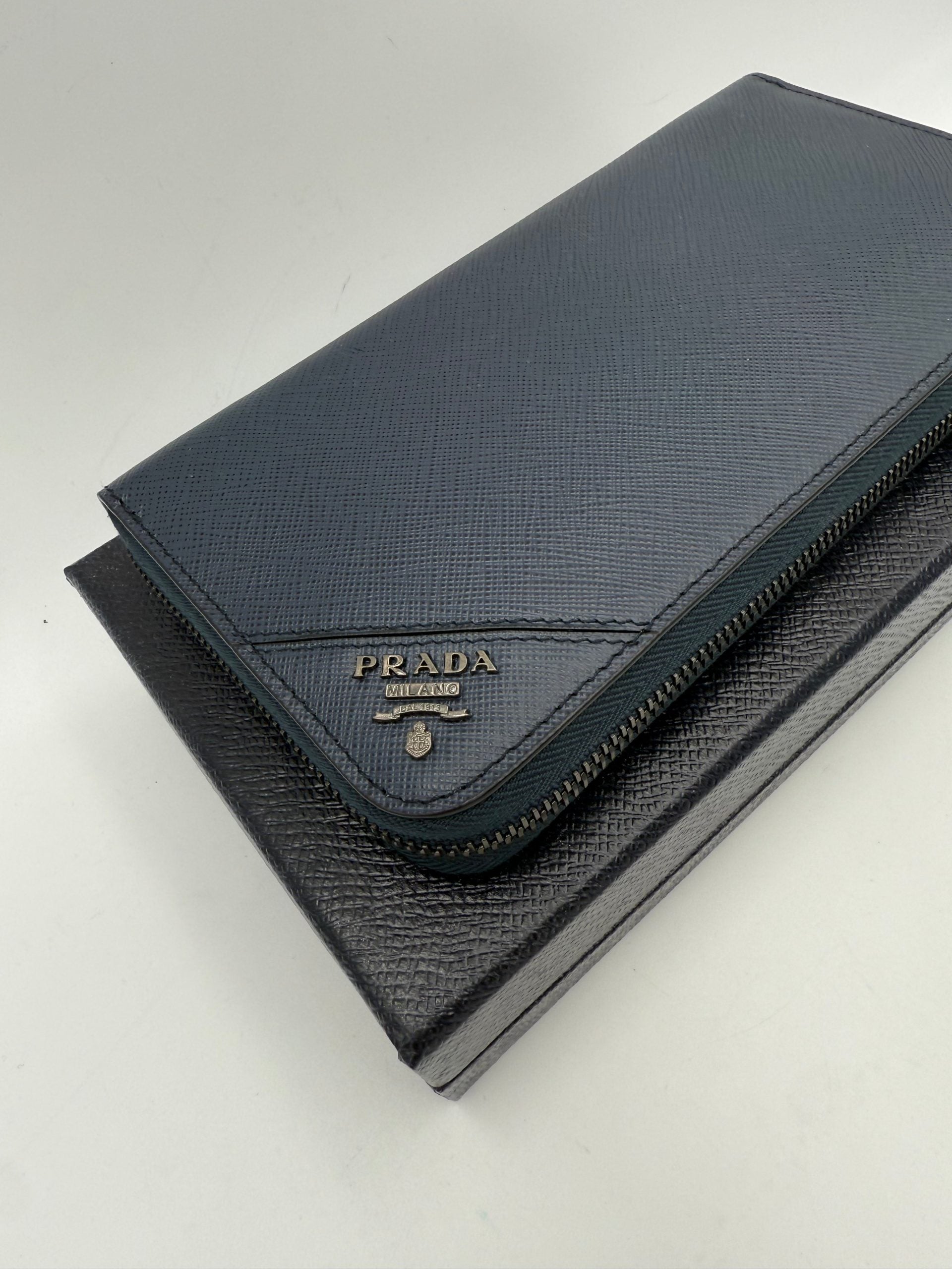 Prada PRADA Zip in Blue Saffiano Wallet