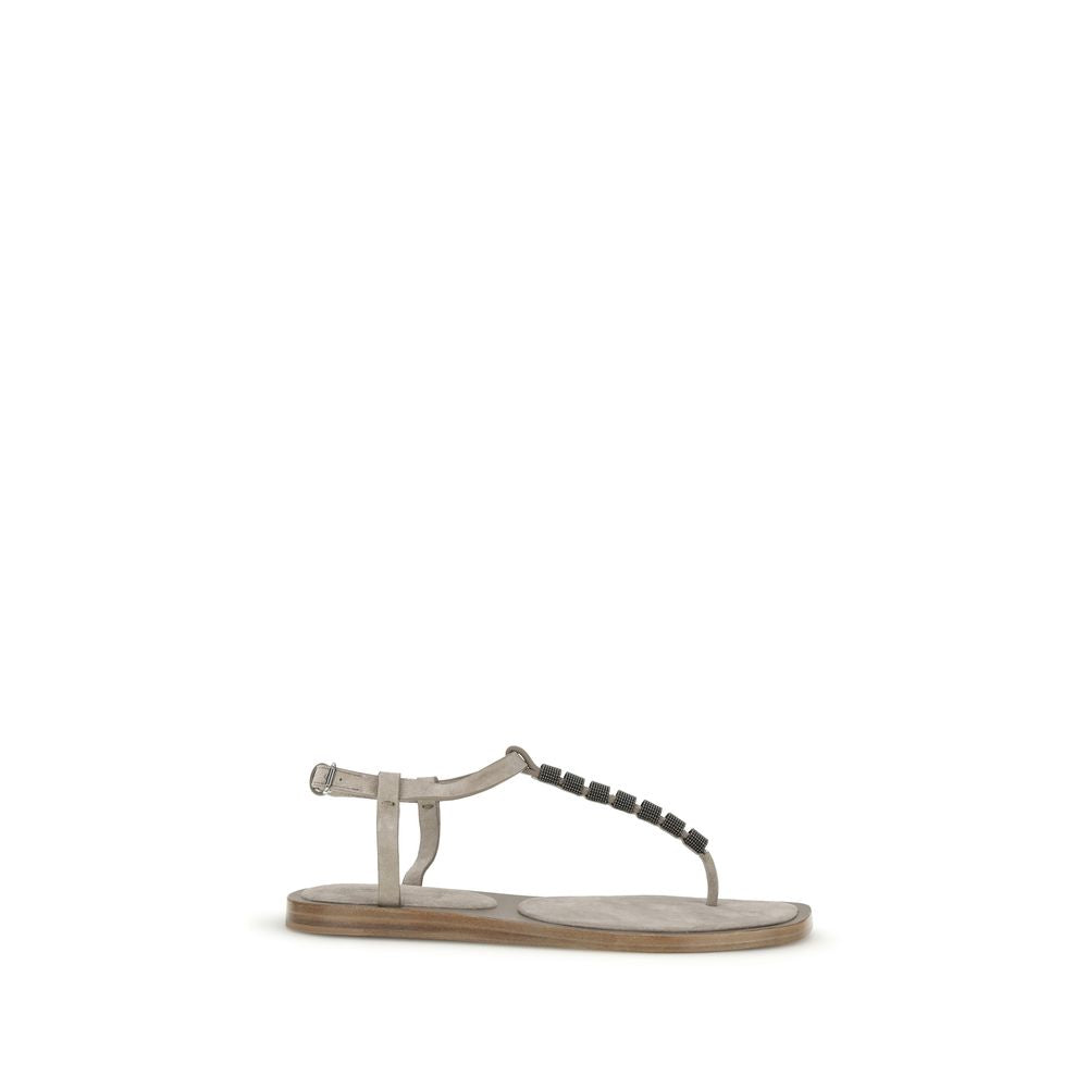 Brunello Cucinelli Beige Calf Leather Bos Taurus Flat Sandals Brunello Cucinelli