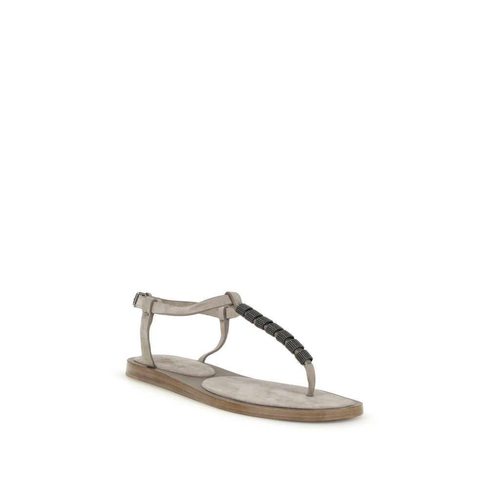 Brunello Cucinelli Beige Calf Leather Bos Taurus Flat Sandals Brunello Cucinelli