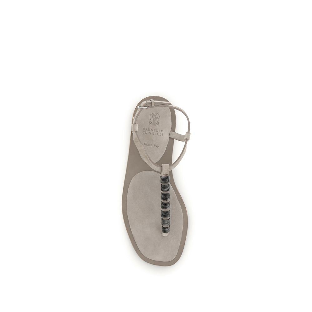 Brunello Cucinelli Beige Calf Leather Bos Taurus Flat Sandals Brunello Cucinelli