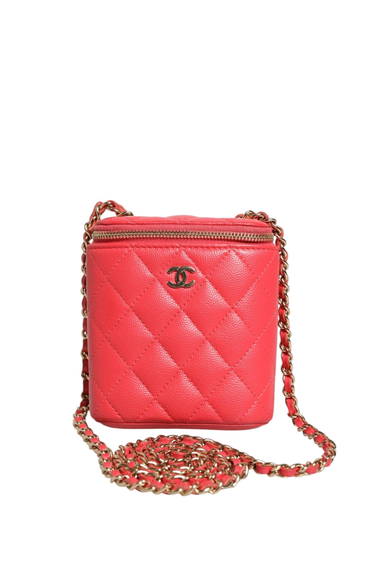 Chanel Red Caviar Quilted Small Vertical Coco Beauty Vanity Case with Chain