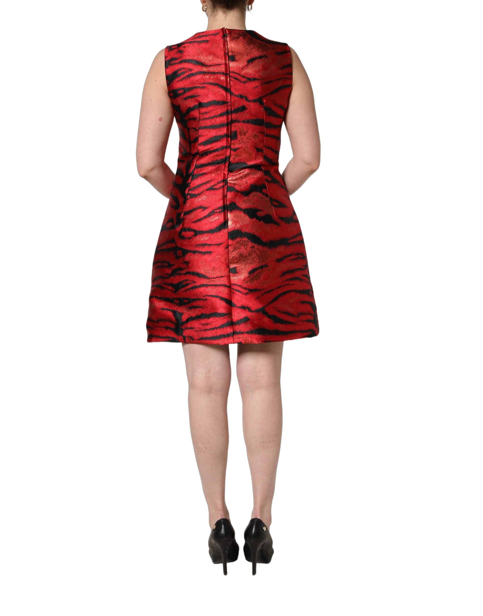 Dolce & Gabbana Red Black Tiger Print Jacquard Flared Dress