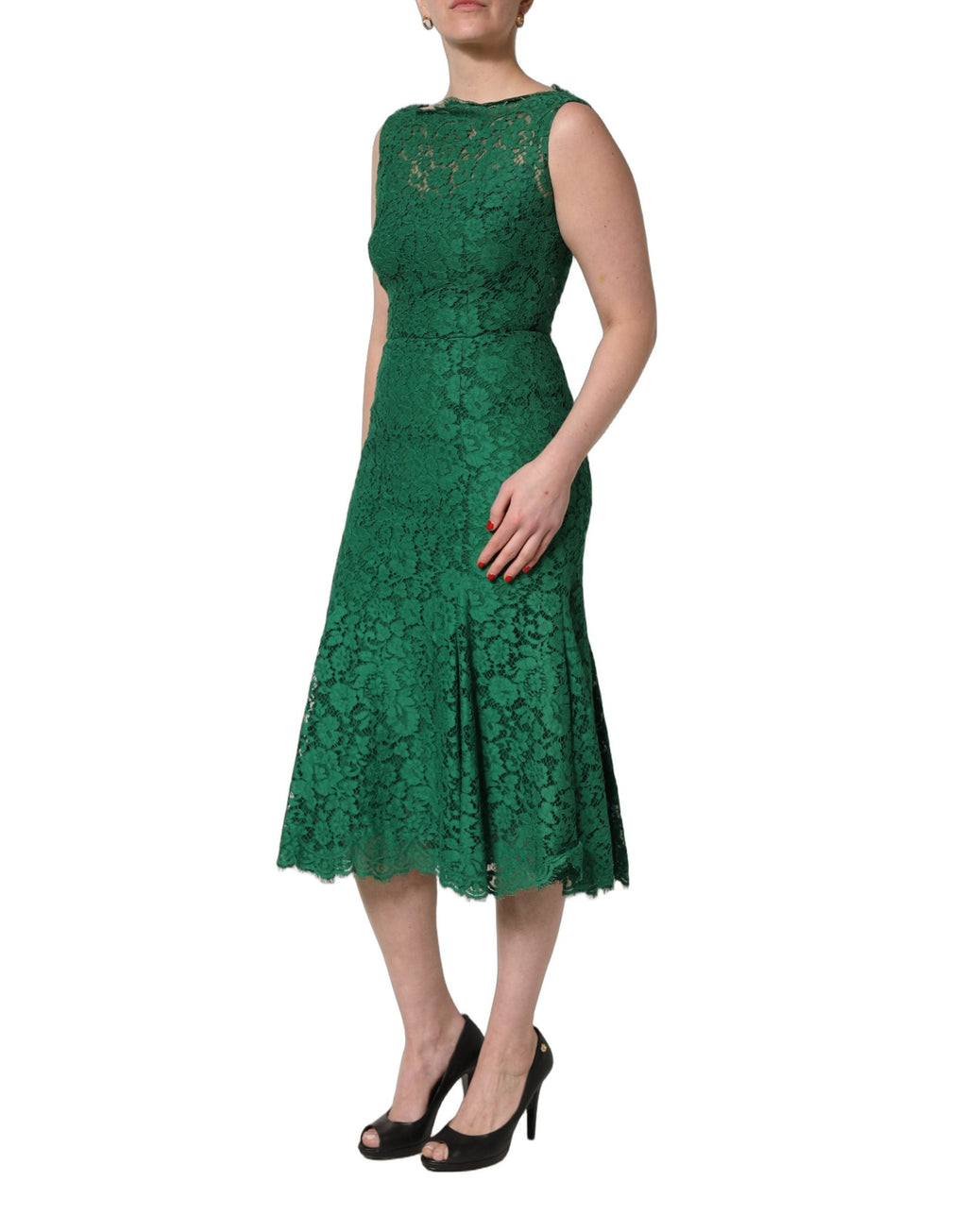 Dolce & Gabbana Green Floral Lace Cotton Sleeveless Midi Dress