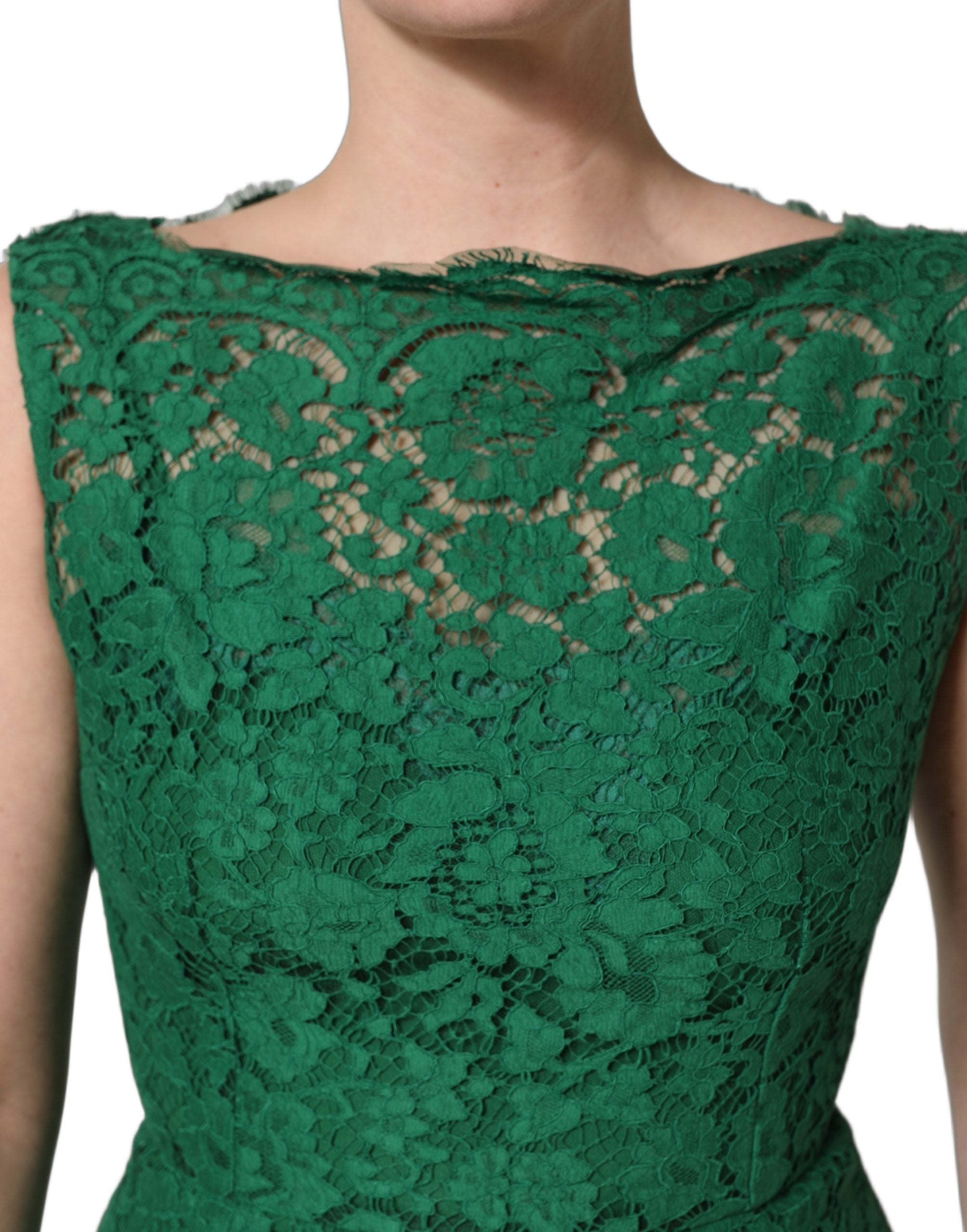 Dolce & Gabbana Green Floral Lace Cotton Sleeveless Midi Dress