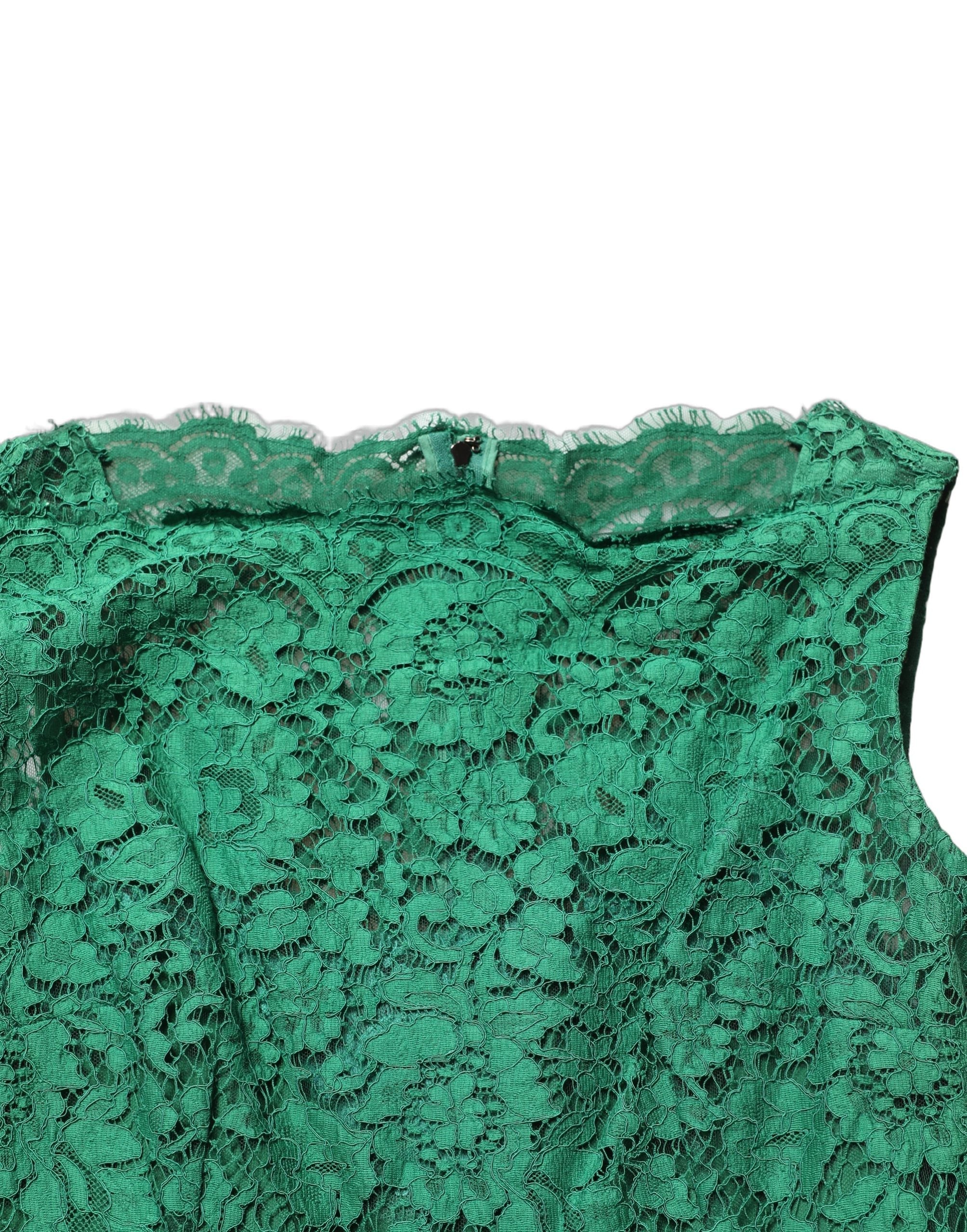 Dolce & Gabbana Green Floral Lace Cotton Sleeveless Midi Dress