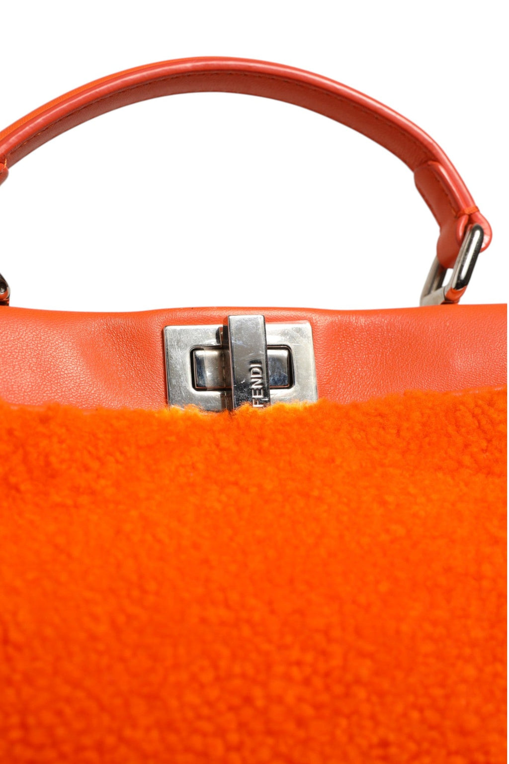 Fendi Orange Leather and Shearling Mini Peekaboo Top Handle Bag