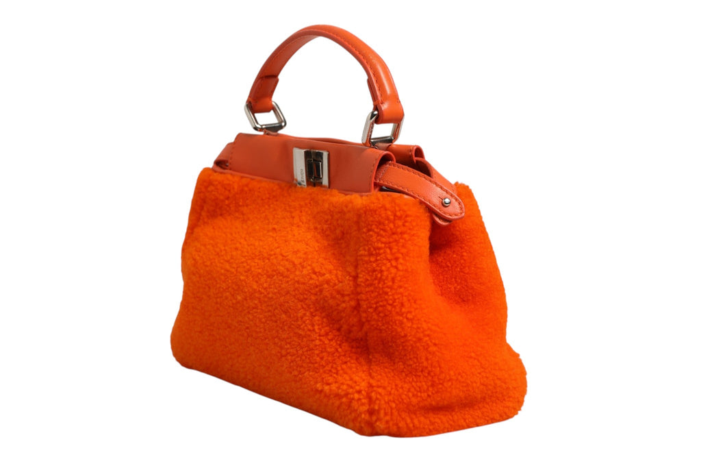 Fendi Orange Leather and Shearling Mini Peekaboo Top Handle Bag