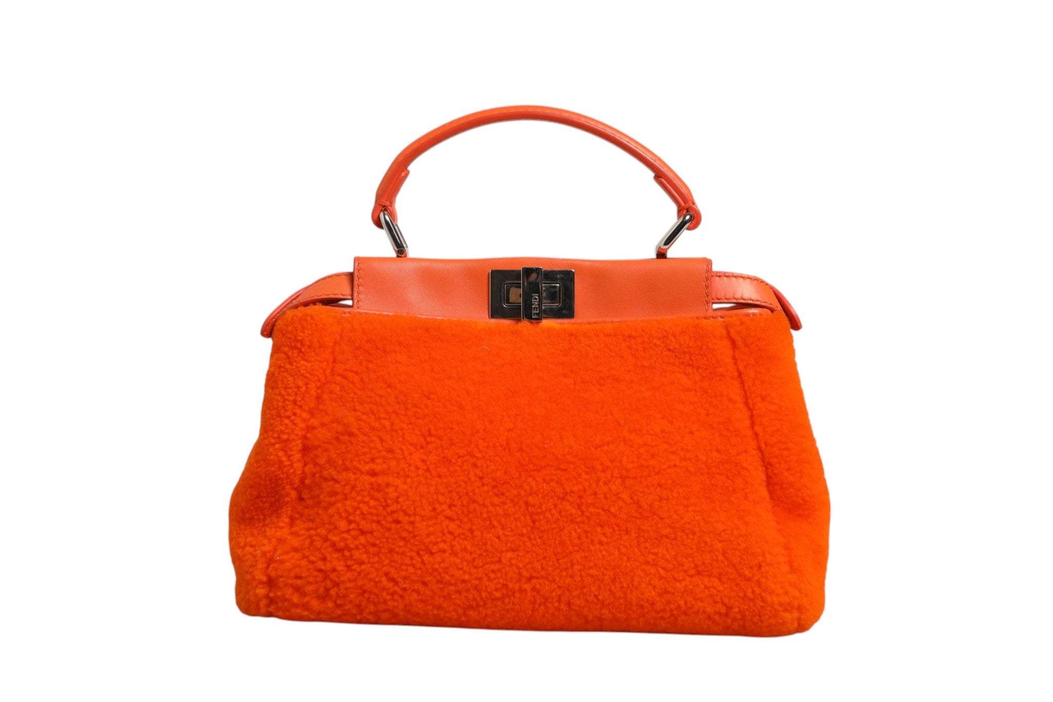 Fendi Orange Leather and Shearling Mini Peekaboo Top Handle Bag