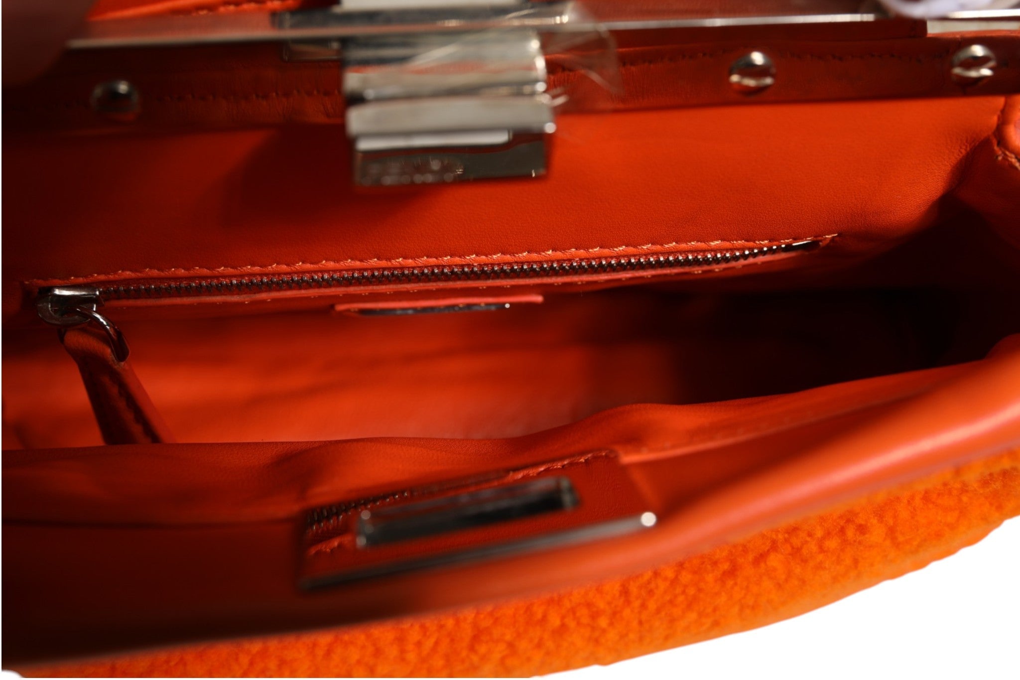 Fendi Orange Leather and Shearling Mini Peekaboo Top Handle Bag