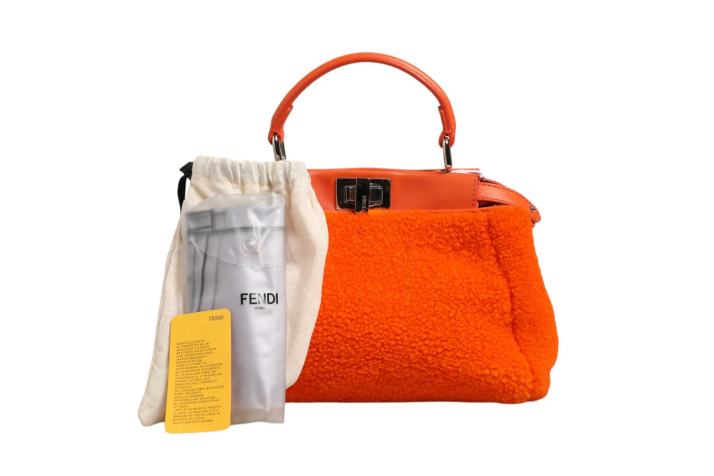 Fendi Orange Leather and Shearling Mini Peekaboo Top Handle Bag