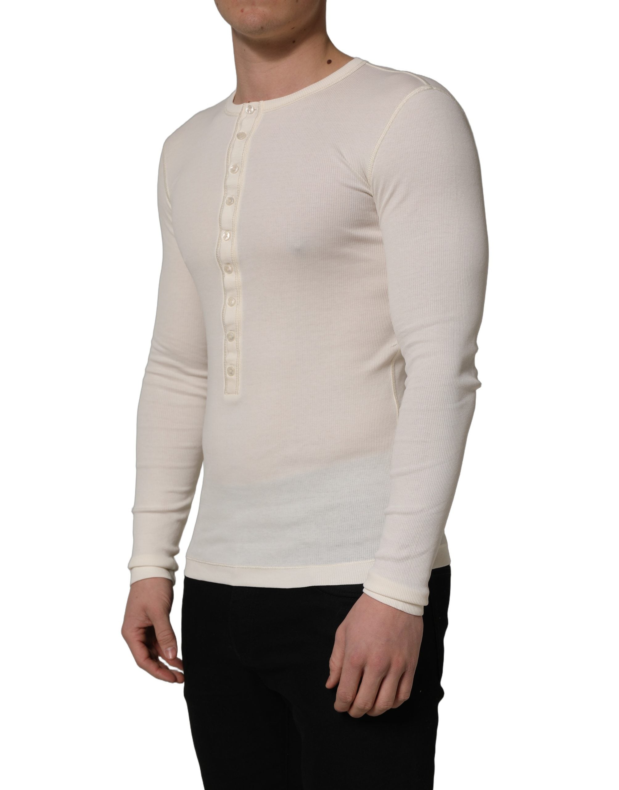 Dolce & Gabbana White Long Sleeves Henley Pullover Sweater
