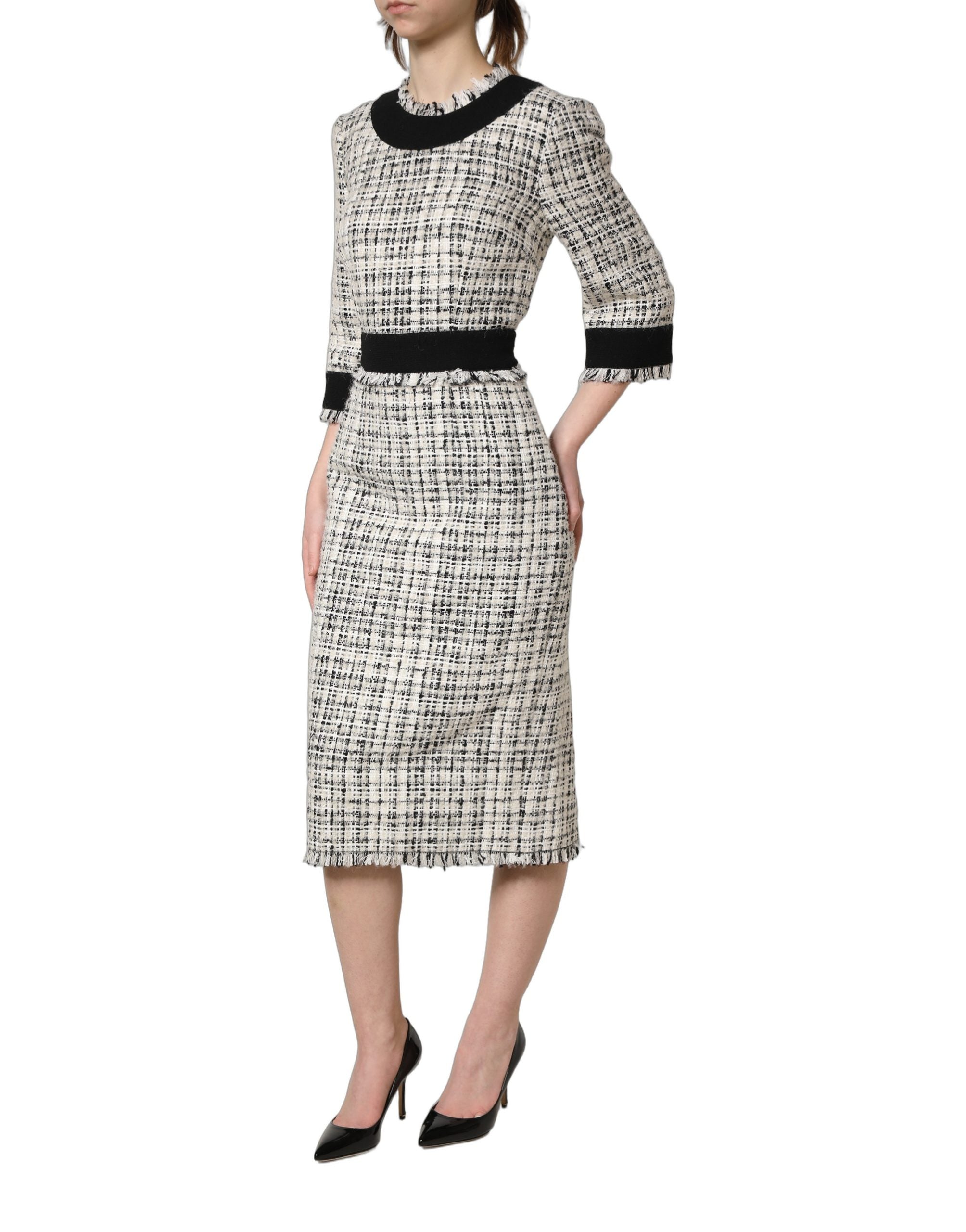 Dolce & Gabbana Black White Tweed Sheath A-line Midi Dress