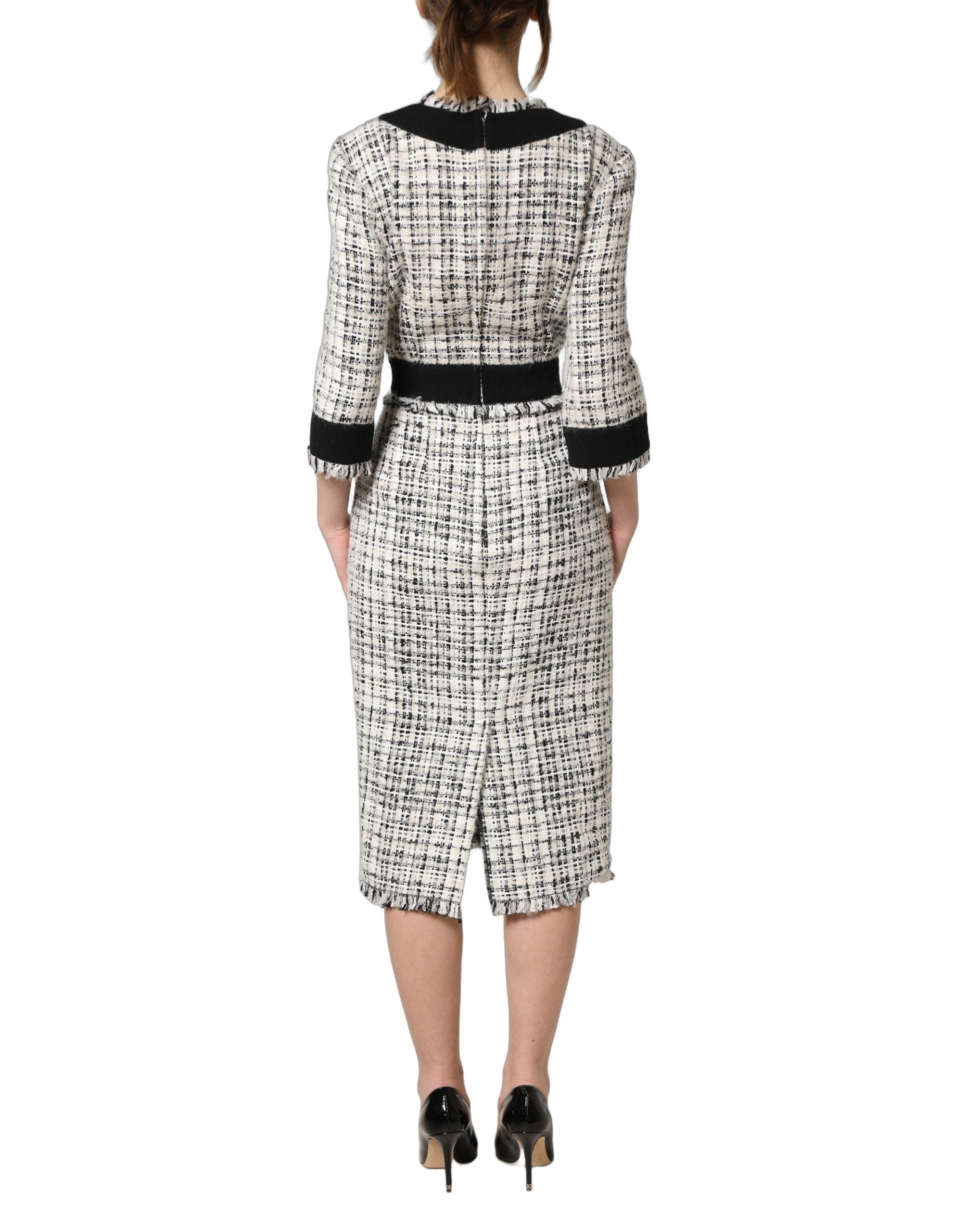 Dolce & Gabbana Black White Tweed Sheath A-line Midi Dress