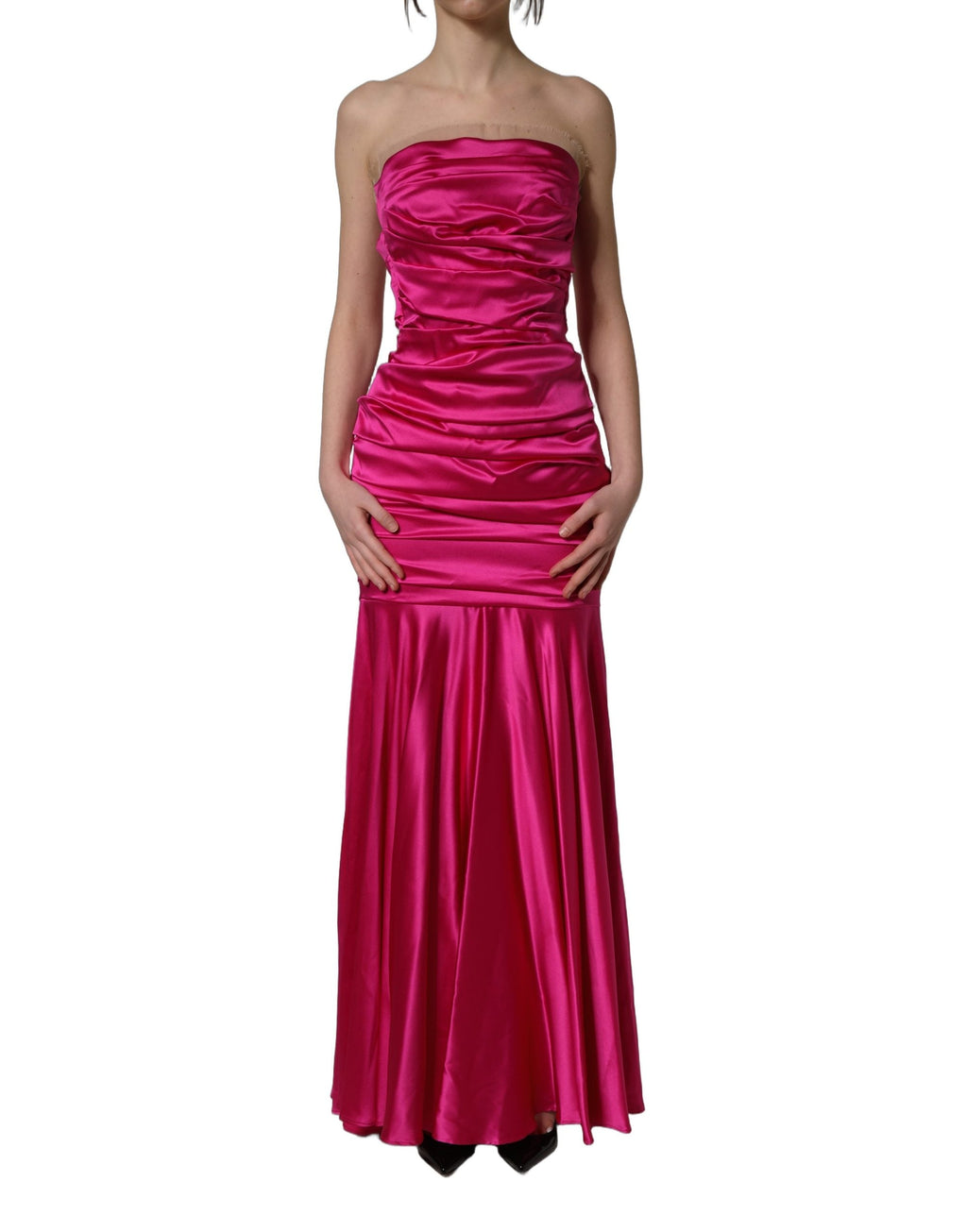 Dolce & Gabbana Hot Pink Ruched Satin Strapless Gown Dress