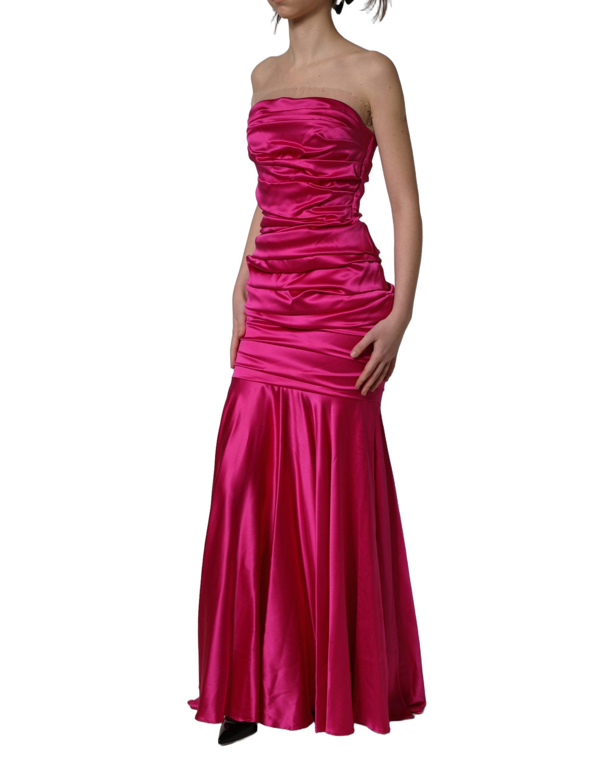 Dolce & Gabbana Hot Pink Ruched Satin Strapless Gown Dress