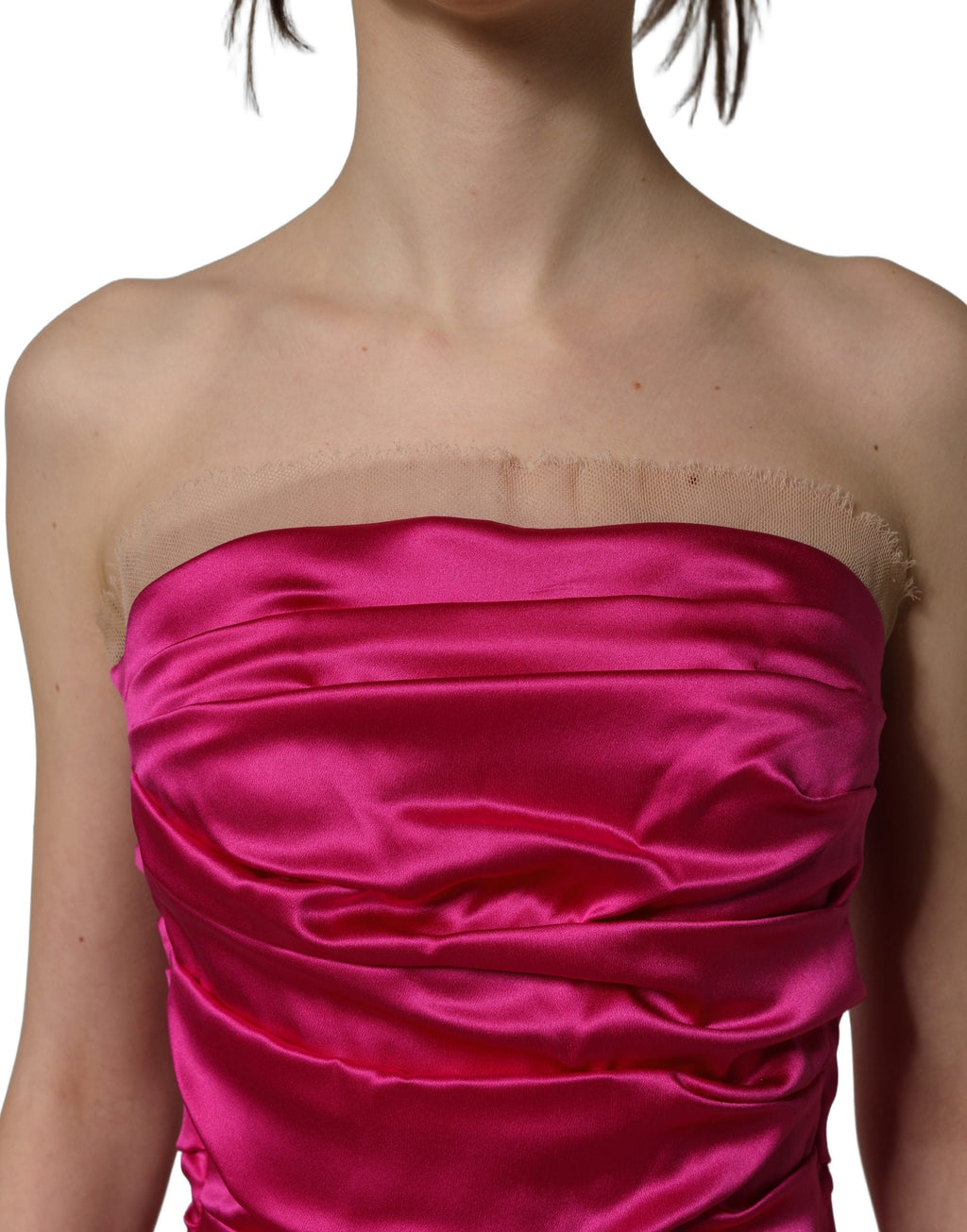 Dolce & Gabbana Hot Pink Ruched Satin Strapless Gown Dress