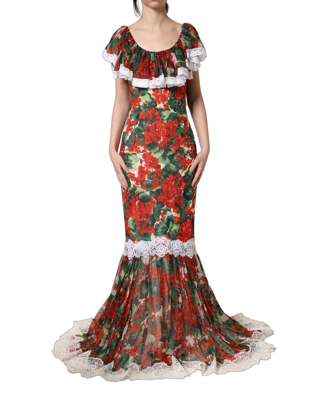 Dolce & Gabbana Multicolor Geranium Flower Lace Maxi Dress