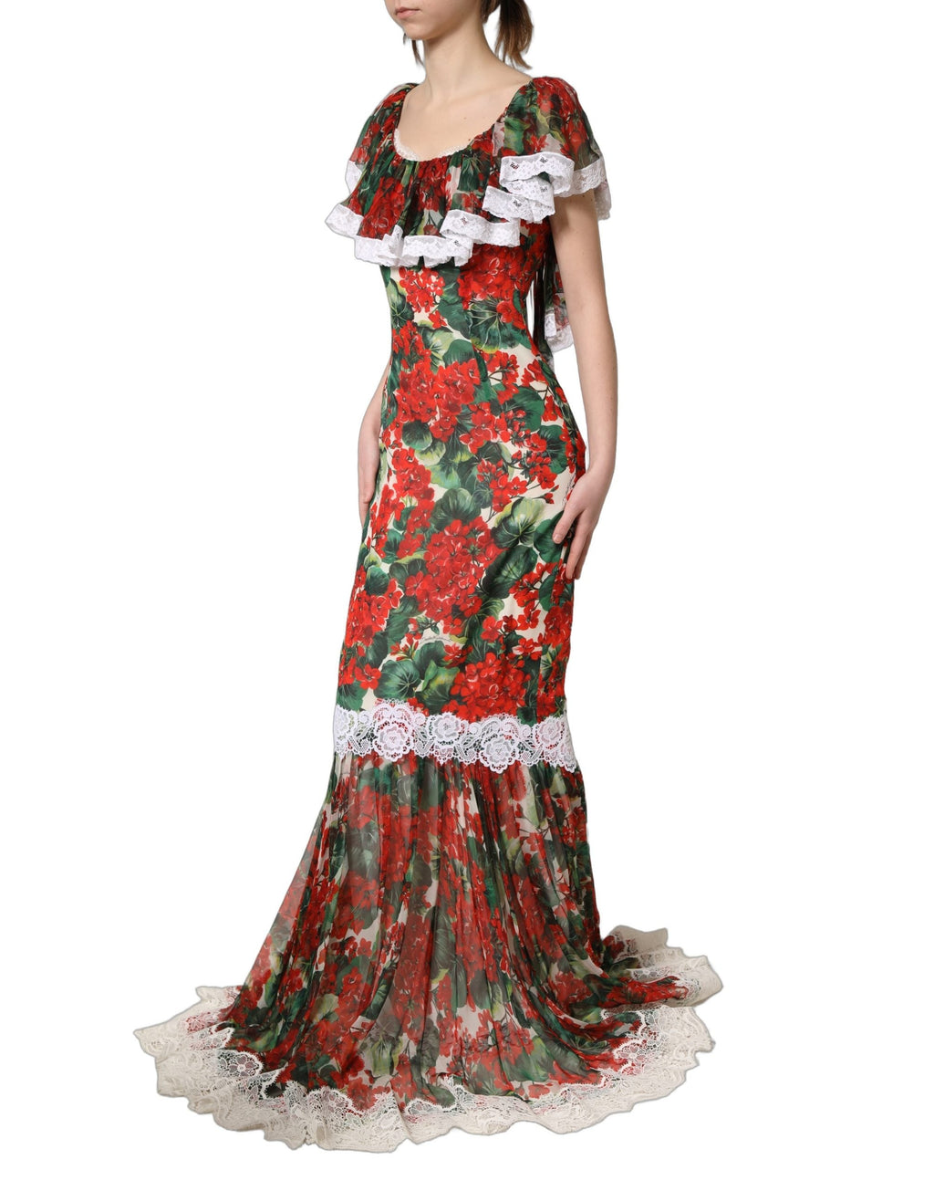 Dolce & Gabbana Multicolor Geranium Flower Lace Maxi Dress