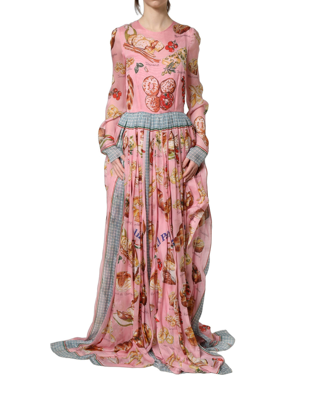 Dolce & Gabbana Light Pink Bread Print Pleated Maxi Dress