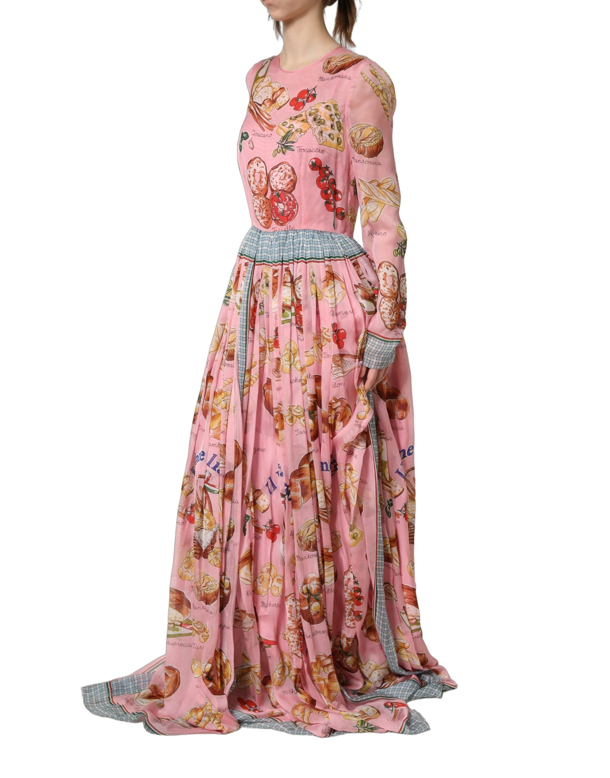 Dolce & Gabbana Light Pink Bread Print Pleated Maxi Dress
