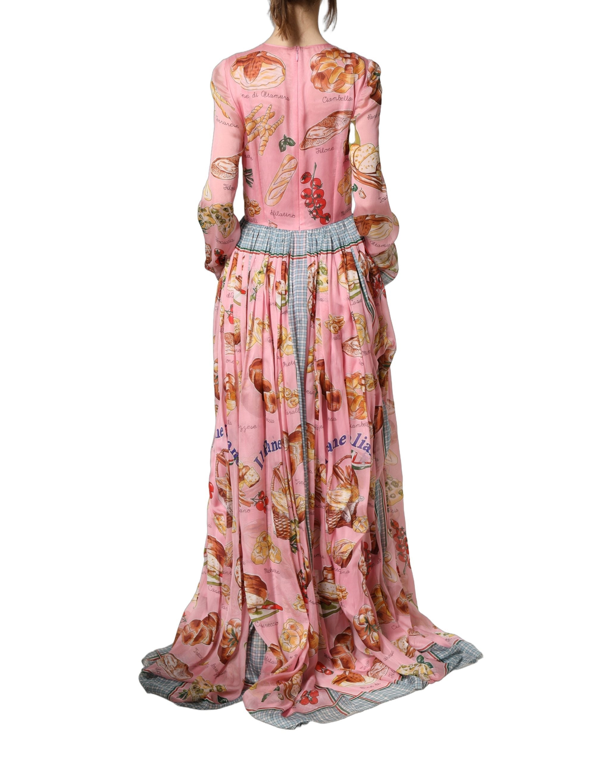 Dolce & Gabbana Light Pink Bread Print Pleated Maxi Dress