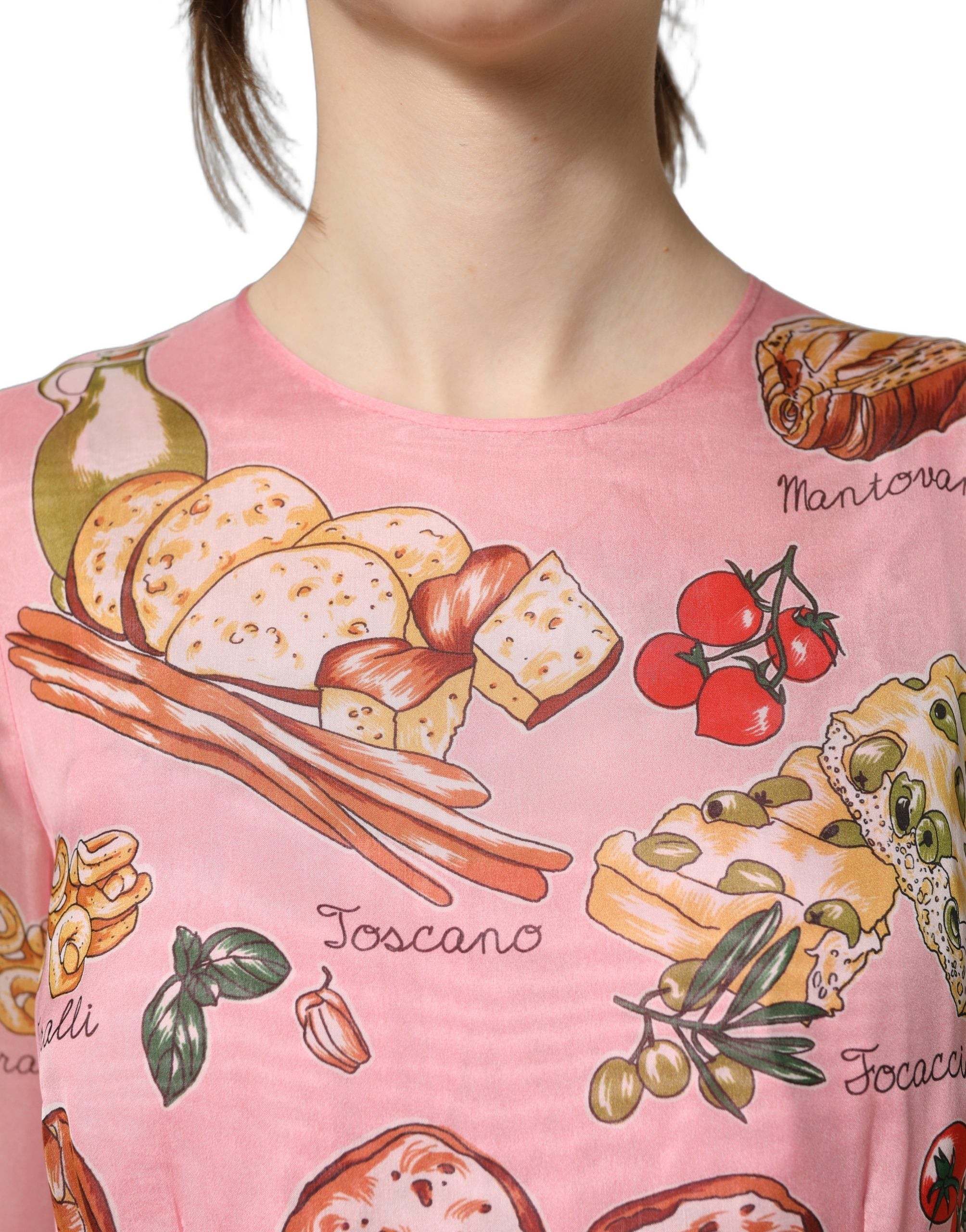 Dolce & Gabbana Light Pink Bread Print Pleated Maxi Dress