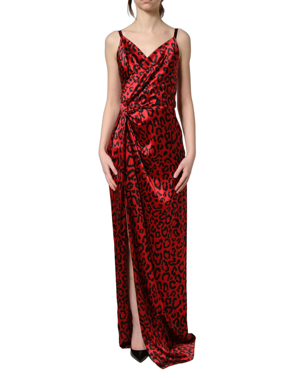 Dolce & Gabbana Red Leopard Draped Sleeveless Maxi Dress
