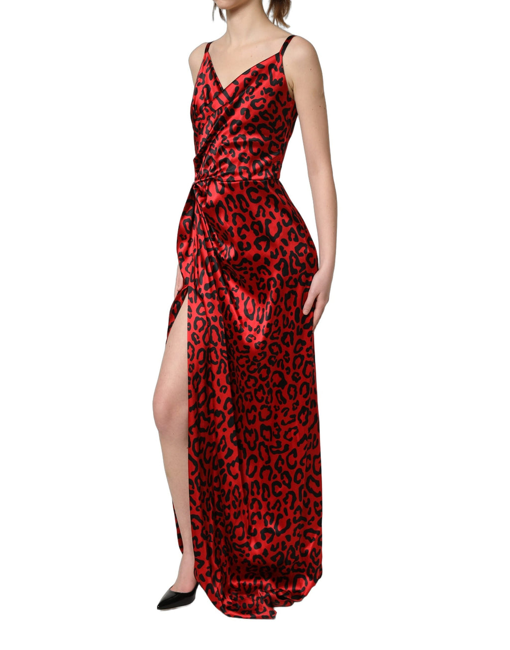 Dolce & Gabbana Red Leopard Draped Sleeveless Maxi Dress