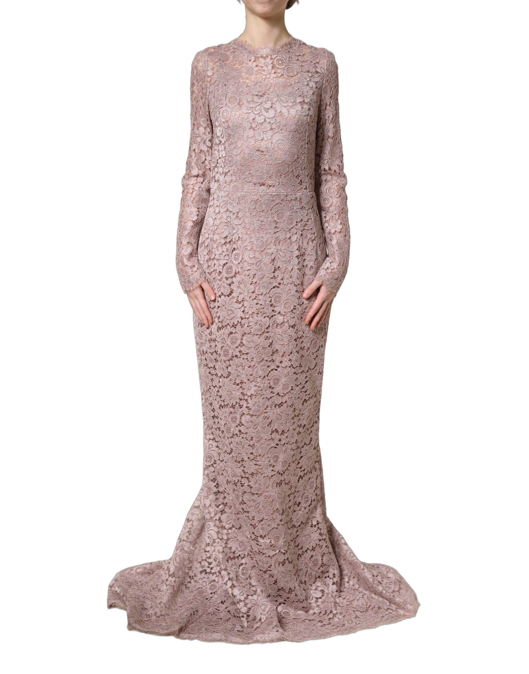 Dolce & Gabbana Pink Lace Long Sleeves Evening Gown Dress