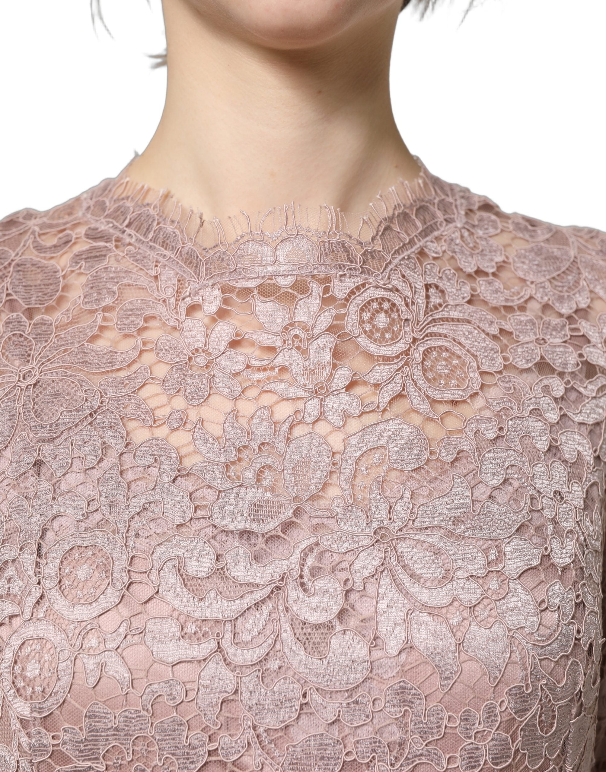 Dolce & Gabbana Pink Lace Long Sleeves Evening Gown Dress