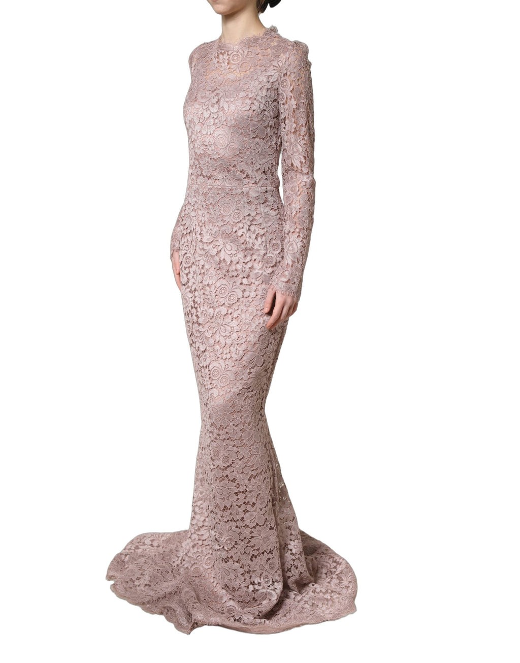 Dolce & Gabbana Pink Lace Long Sleeves Evening Gown Dress