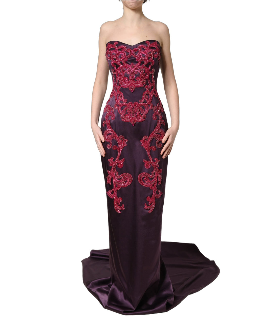 Dolce & Gabbana Purple Silk Crystal Strapless Floor Length Gown Dress