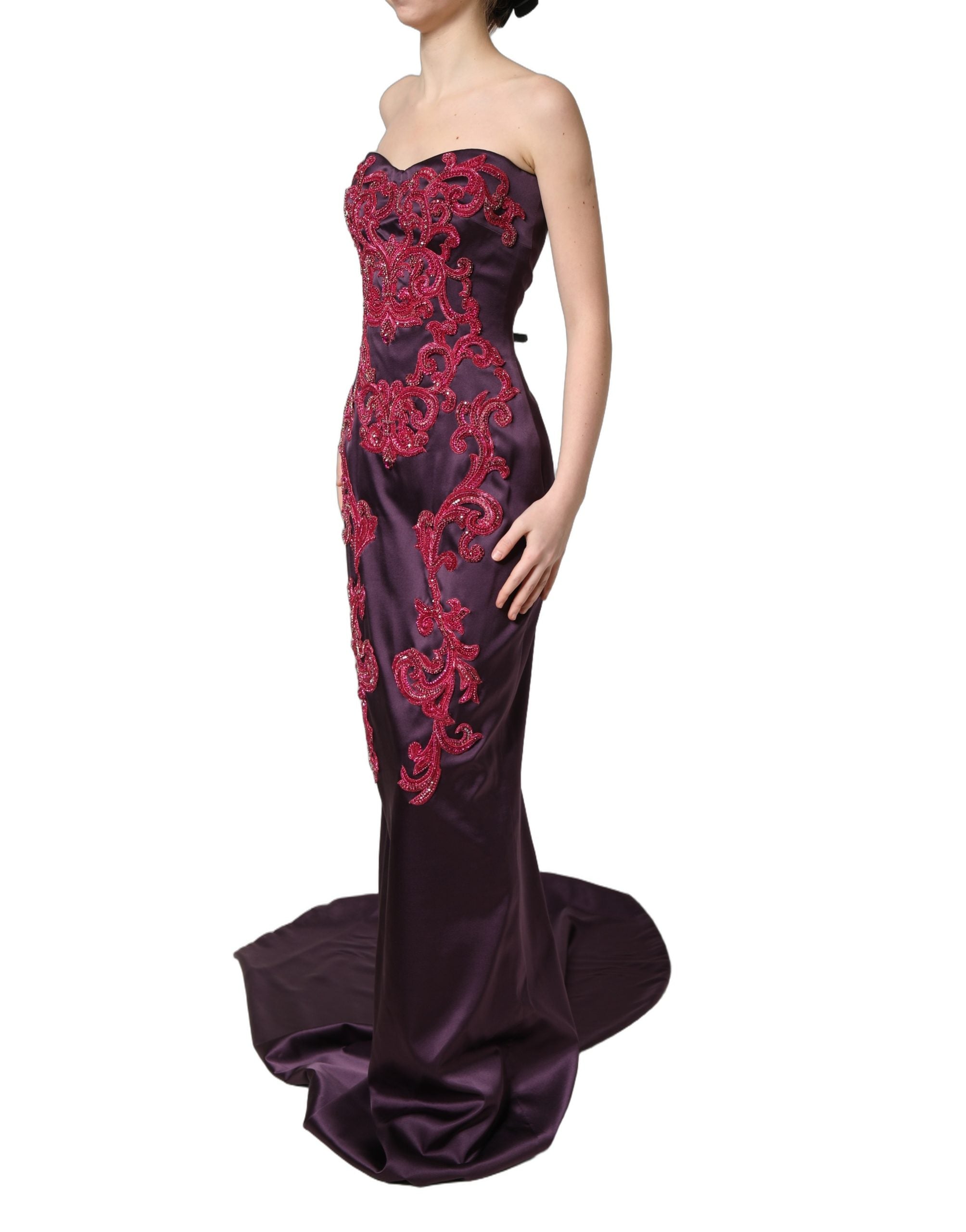 Dolce & Gabbana Purple Silk Crystal Strapless Floor Length Gown Dress