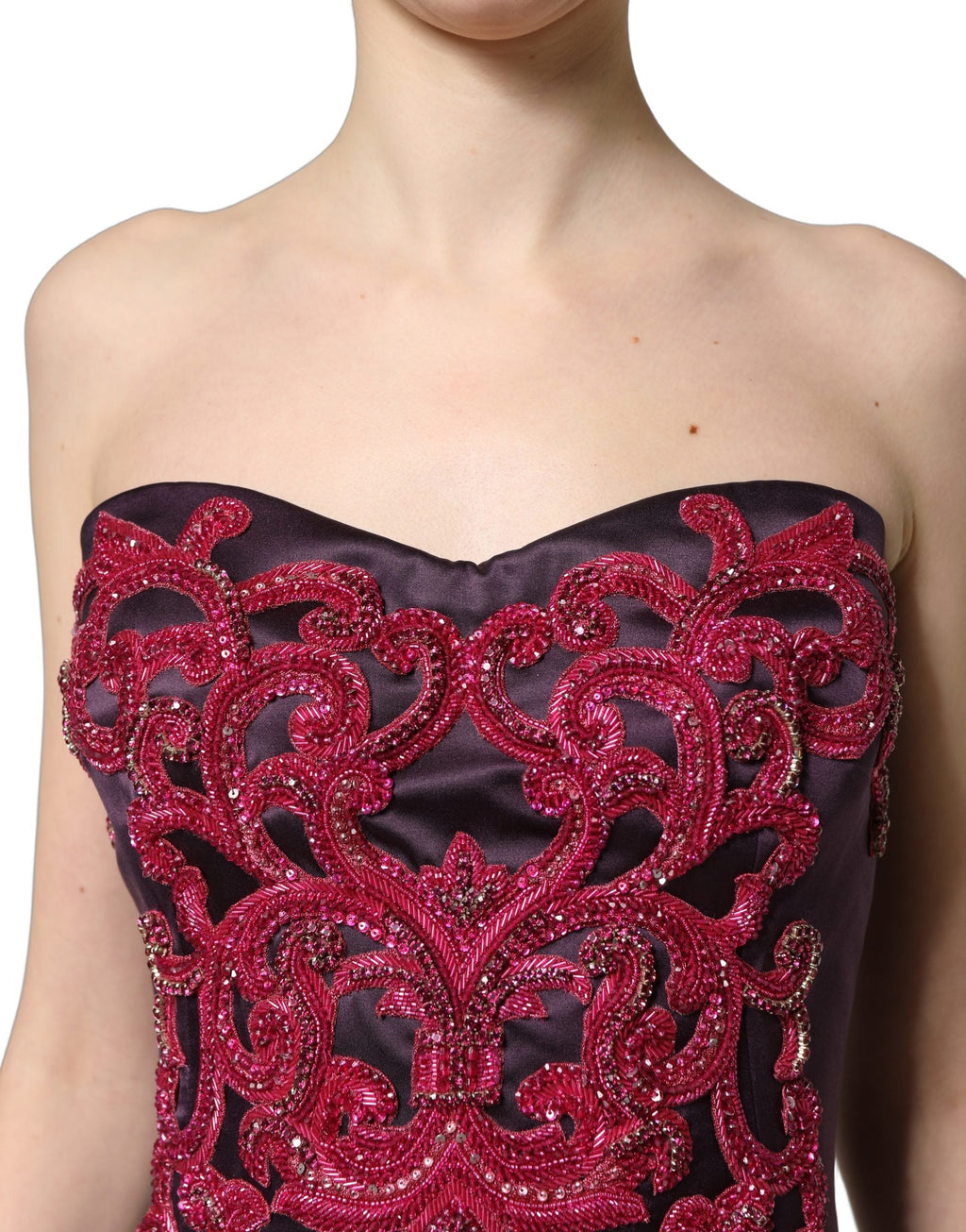 Dolce & Gabbana Purple Silk Crystal Strapless Floor Length Gown Dress