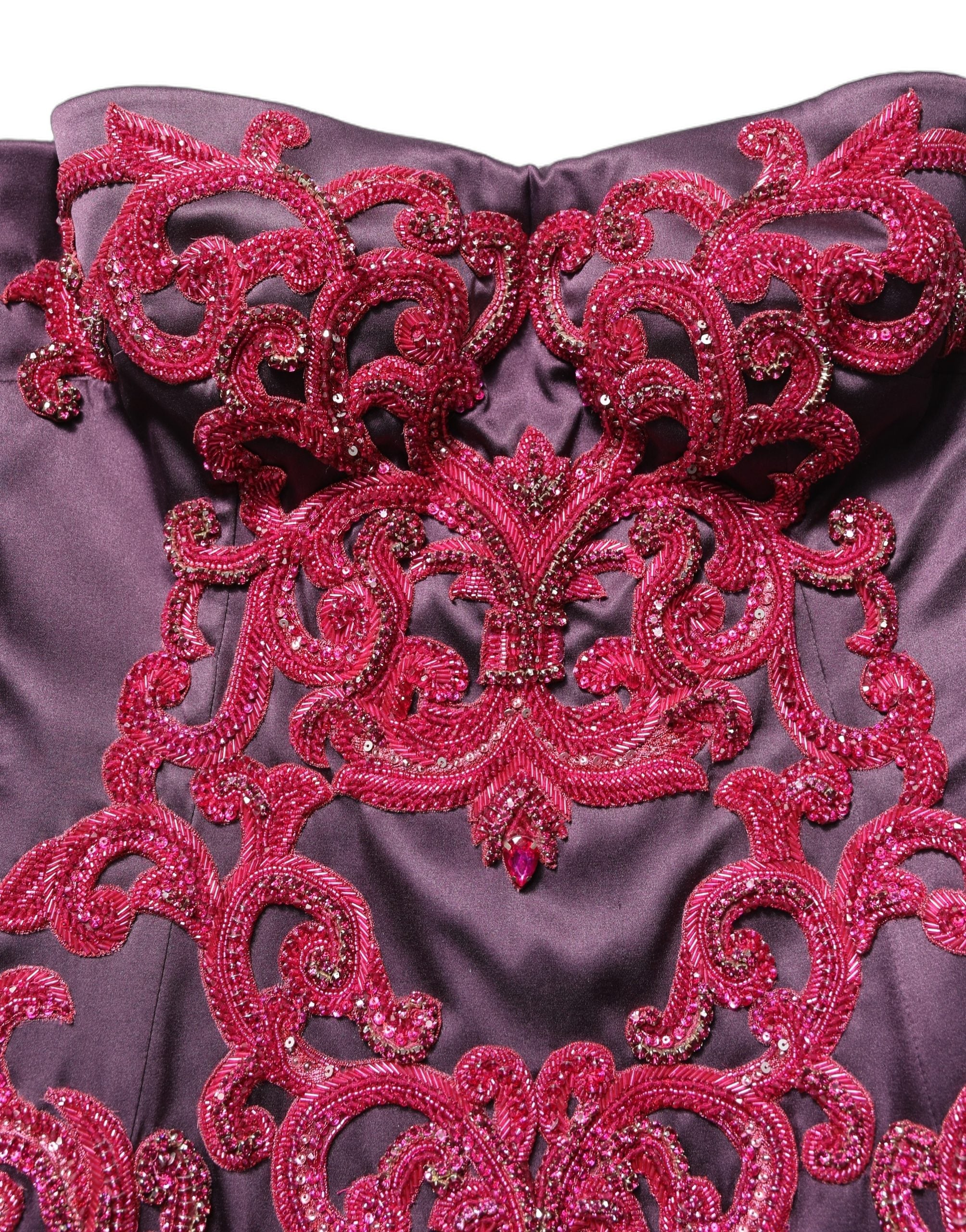Dolce & Gabbana Purple Silk Crystal Strapless Floor Length Gown Dress