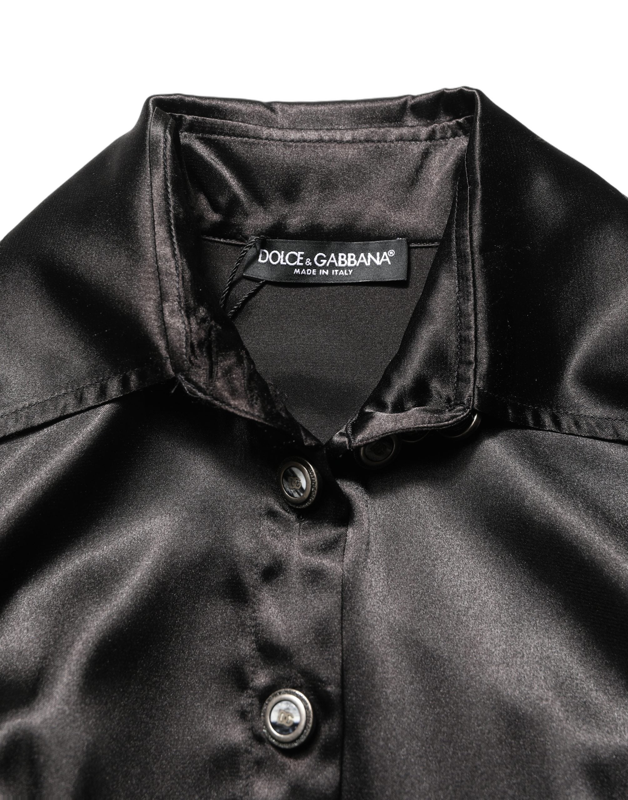 Dolce & Gabbana Black Satin Long Puff Sleeves Pleated Dress