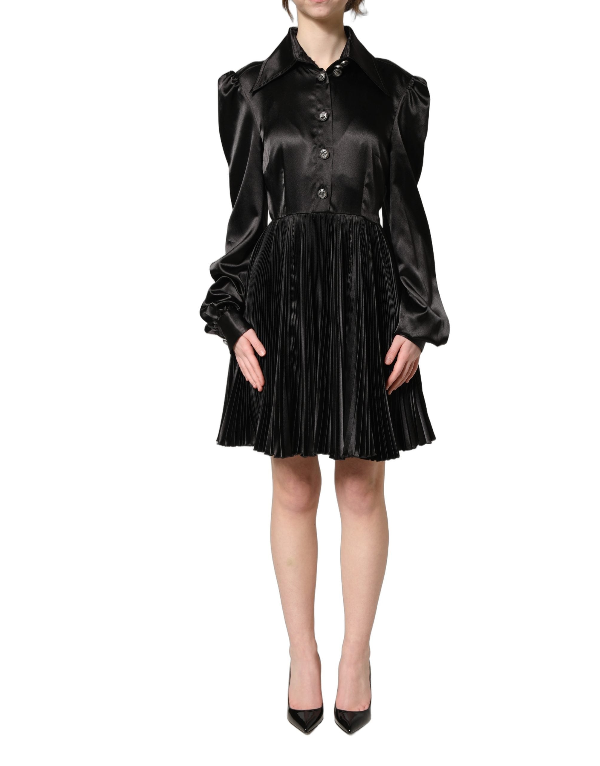Dolce & Gabbana Black Satin Long Puff Sleeves Pleated Dress