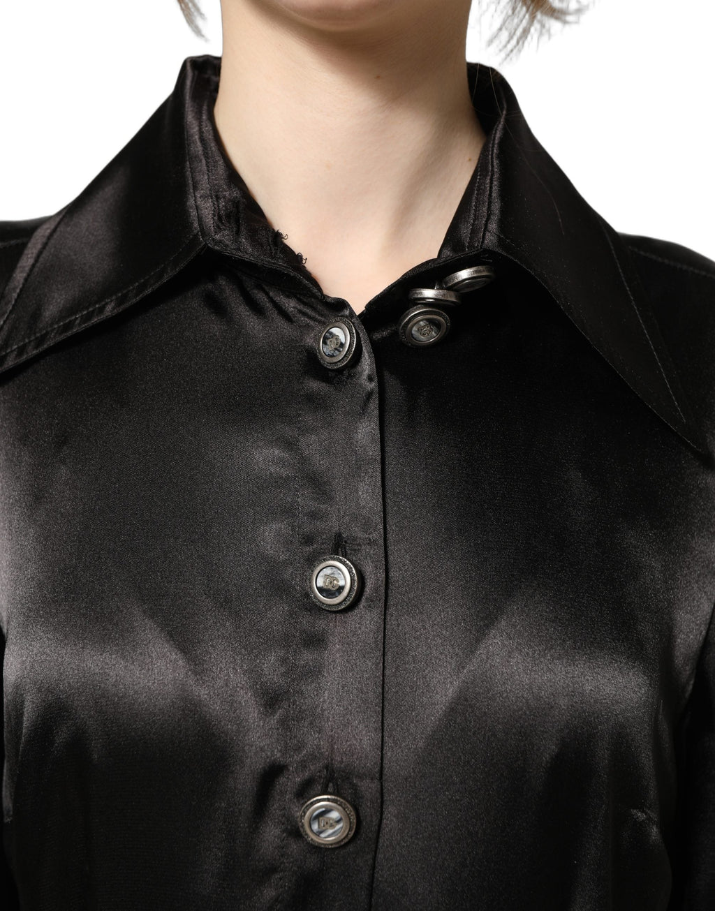 Dolce & Gabbana Black Satin Long Puff Sleeves Pleated Dress