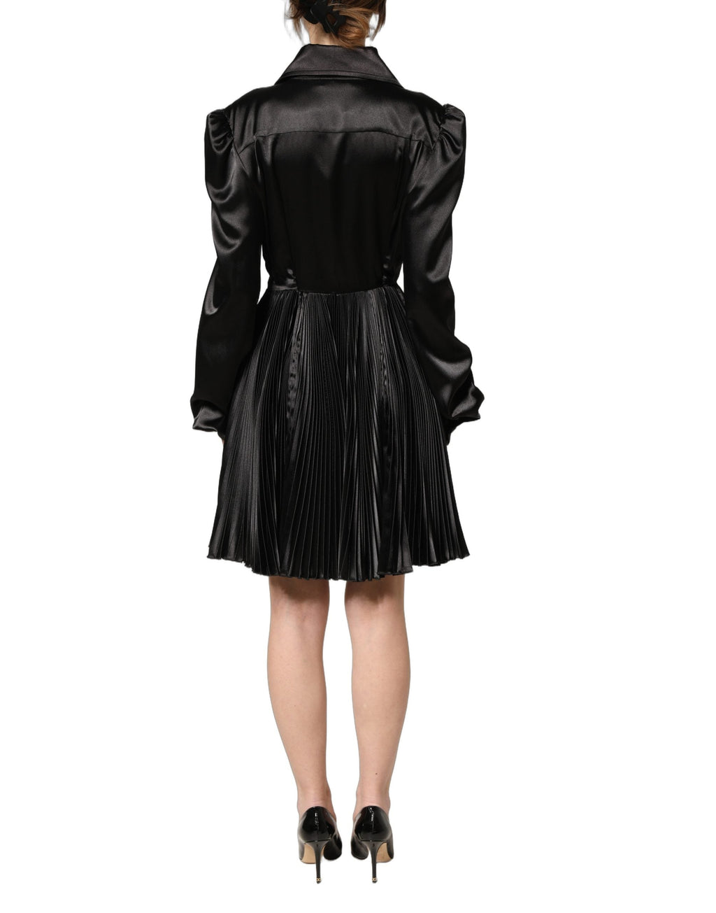 Dolce & Gabbana Black Satin Long Puff Sleeves Pleated Dress