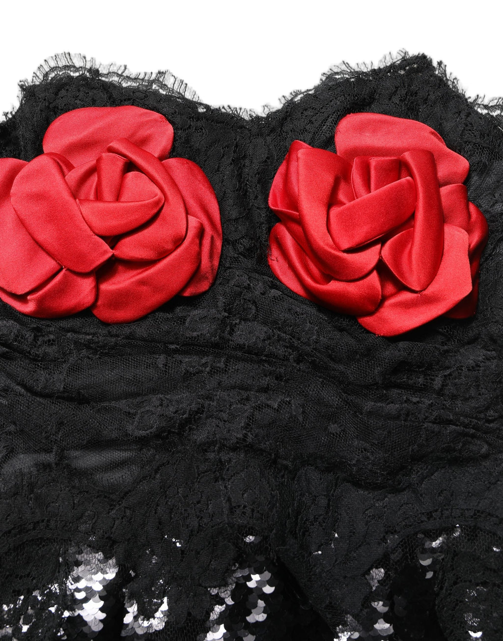 Dolce & Gabbana Black Strapless Red Rose Sequined Midi Dress