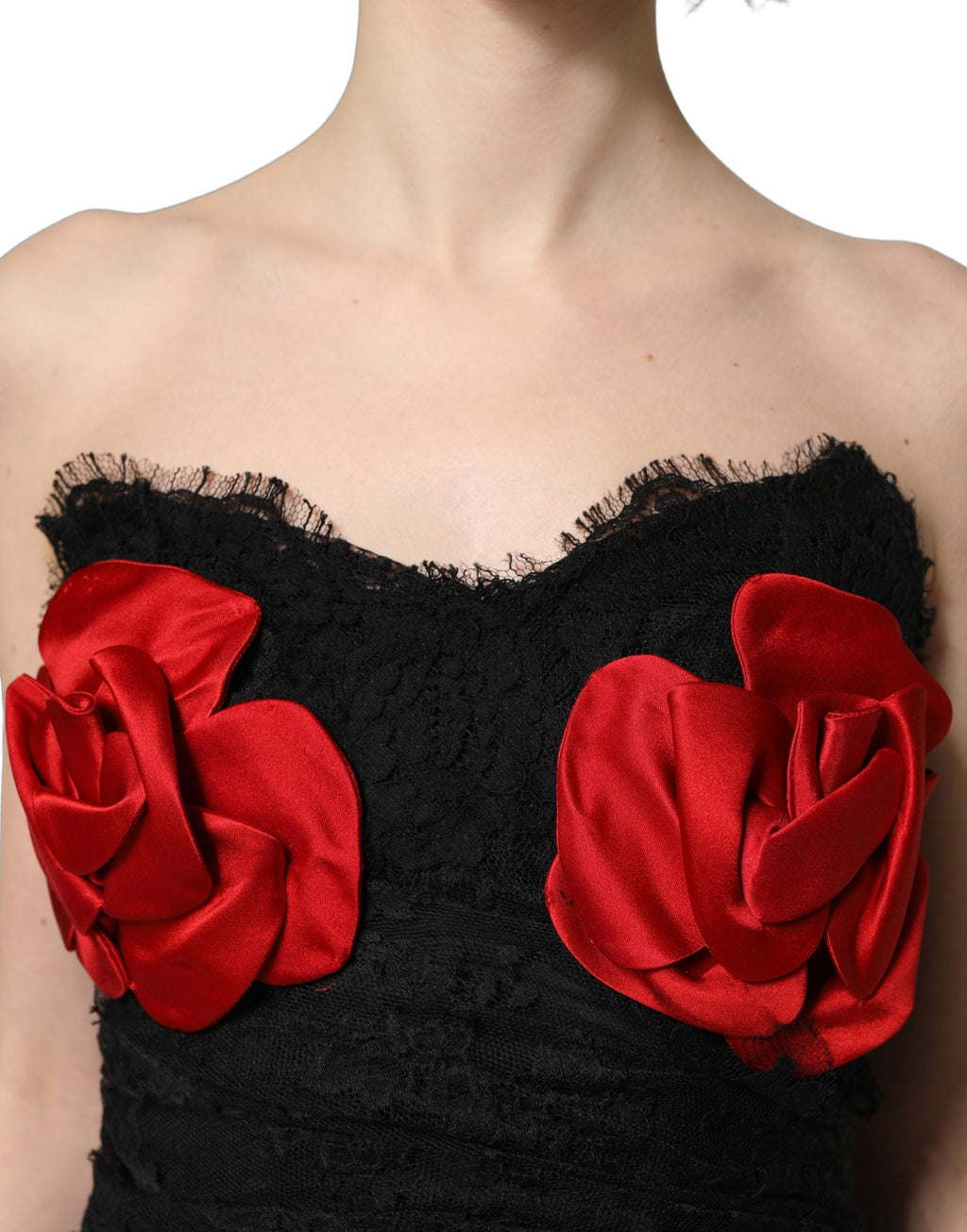 Dolce & Gabbana Black Strapless Red Rose Sequined Midi Dress