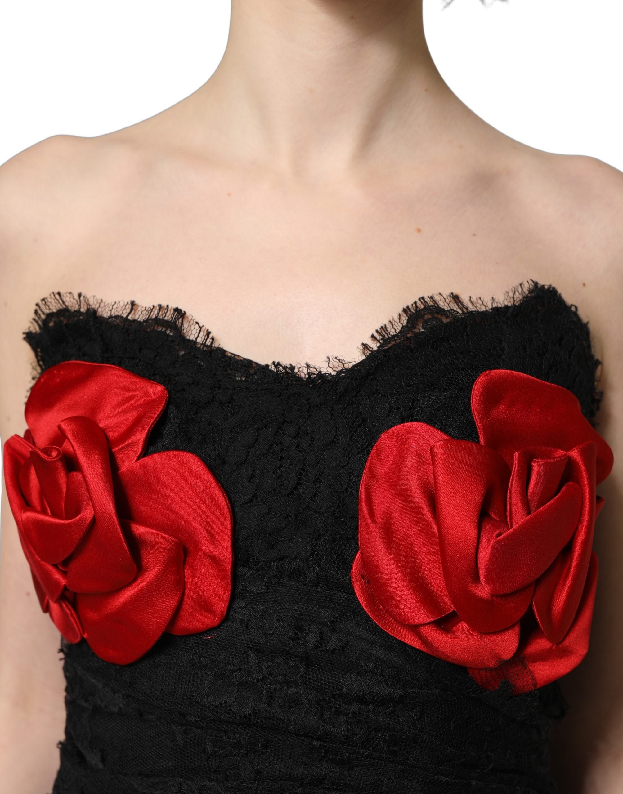 Dolce & Gabbana Black Strapless Red Rose Sequined Midi Dress