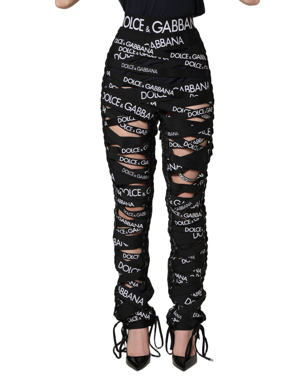 Dolce & Gabbana Black Logo Tape Cut Out Skinny High Waist Pants
