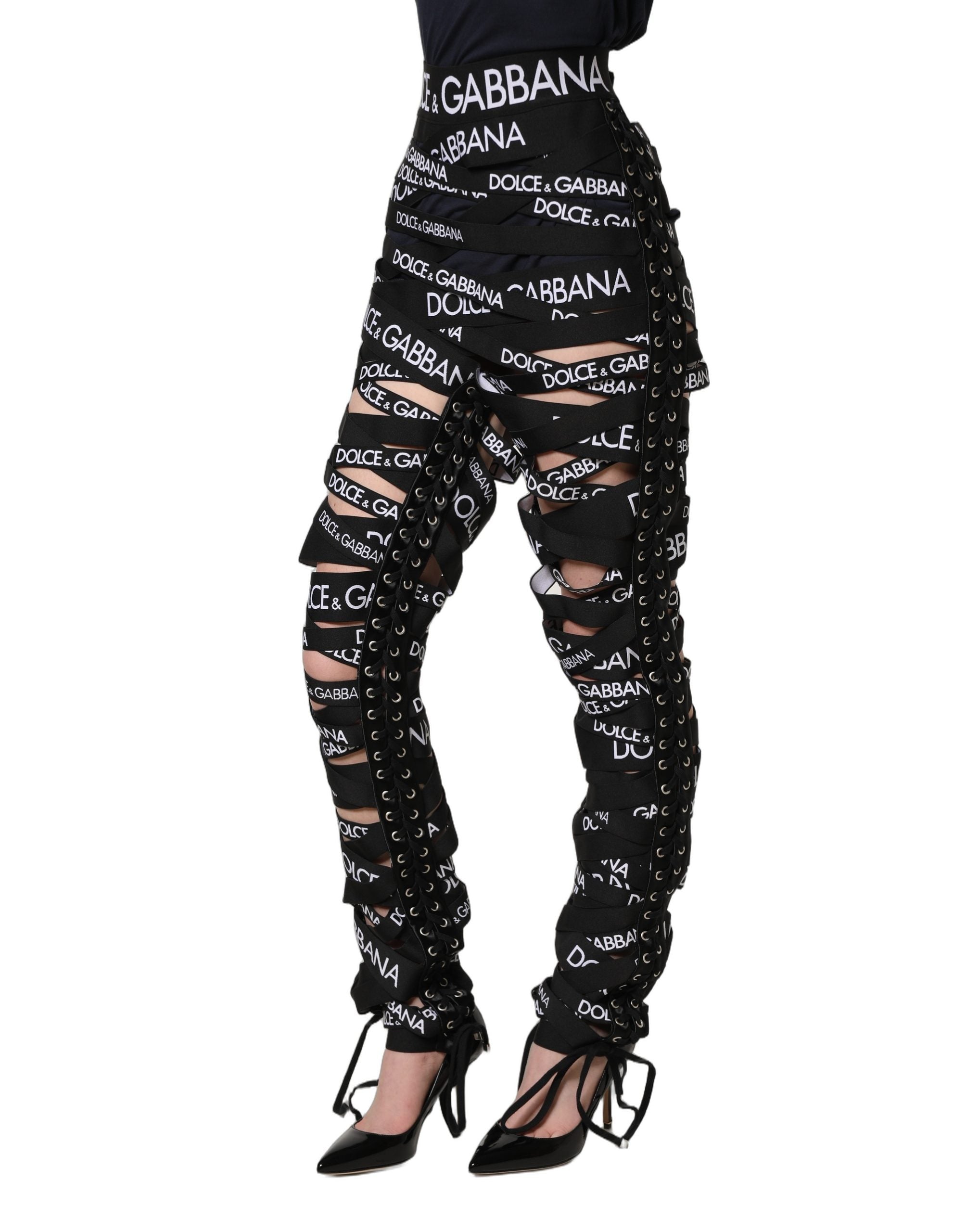 Dolce & Gabbana Black Logo Tape Cut Out Skinny High Waist Pants