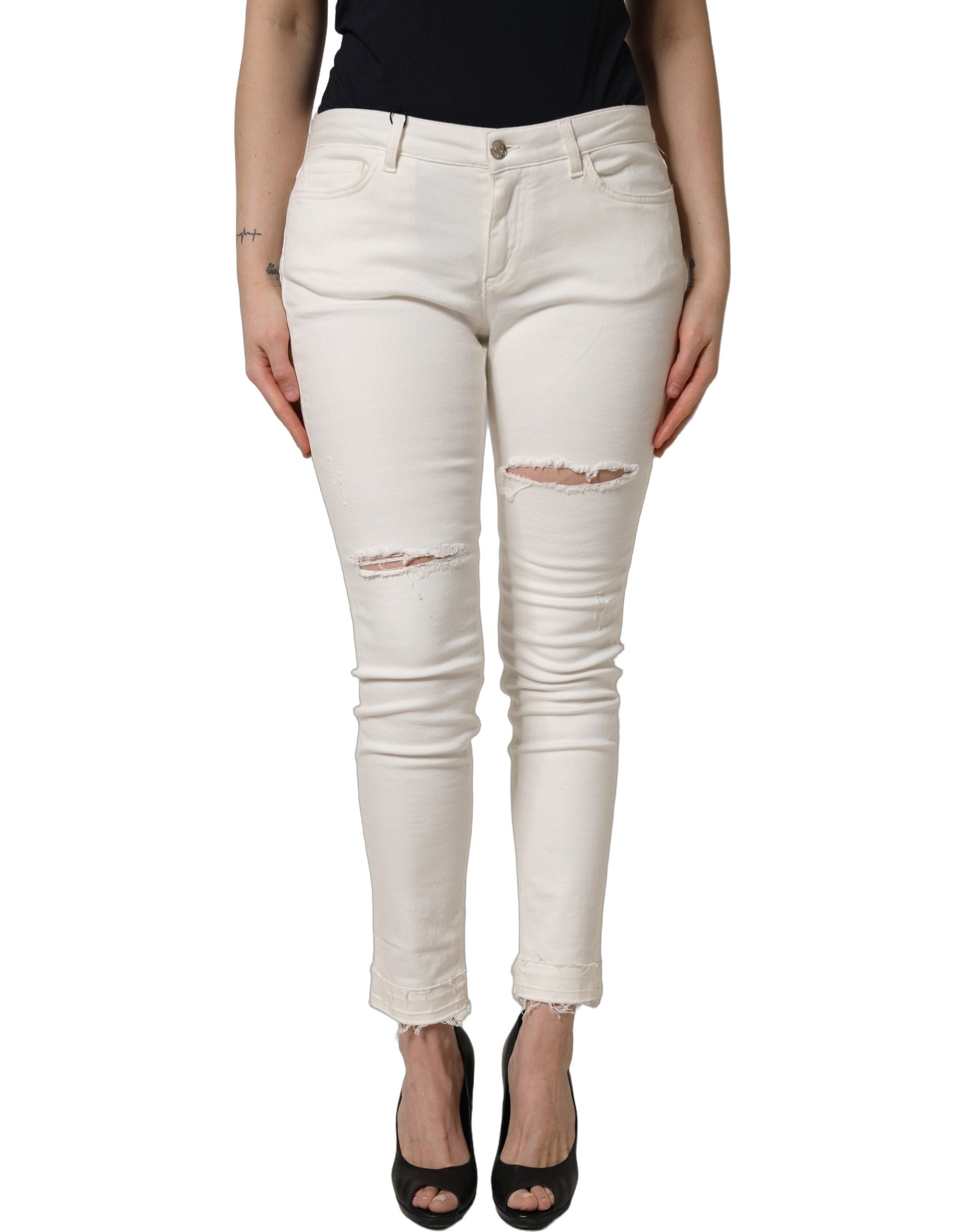 Dolce & Gabbana White Tattered Skinny Cotton Denim Jeans