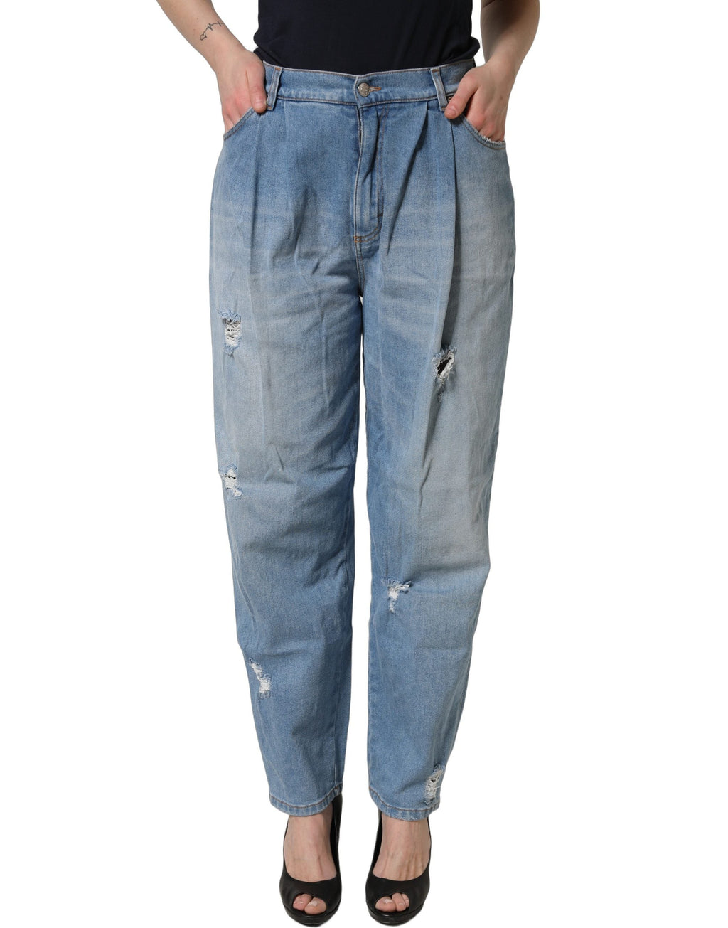 Dolce & Gabbana Blue Distressed Pleated Cotton Denim Jeans