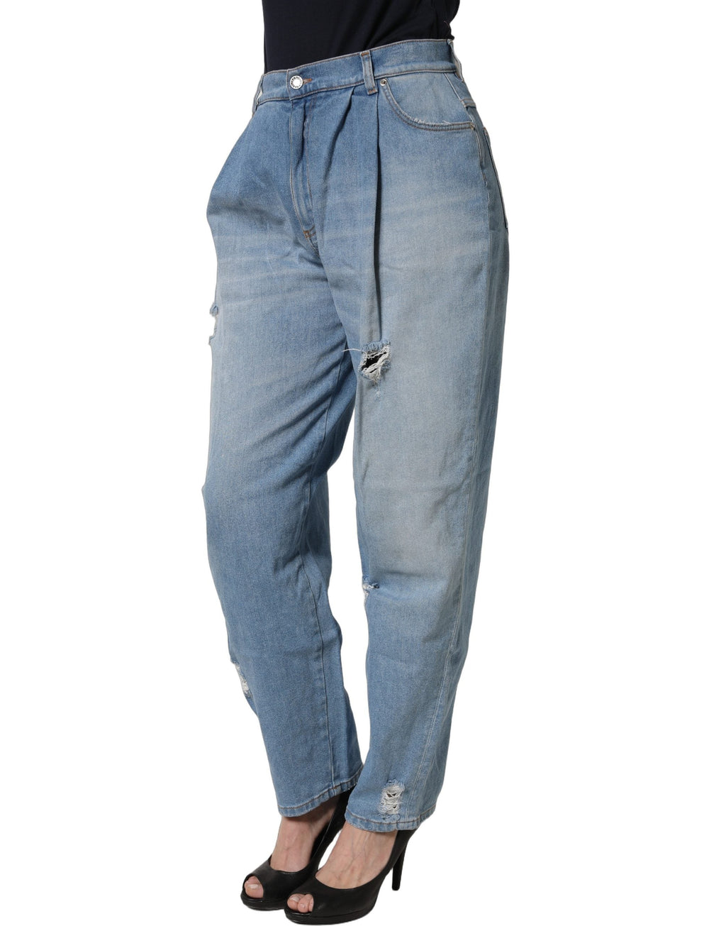Dolce & Gabbana Blue Distressed Pleated Cotton Denim Jeans