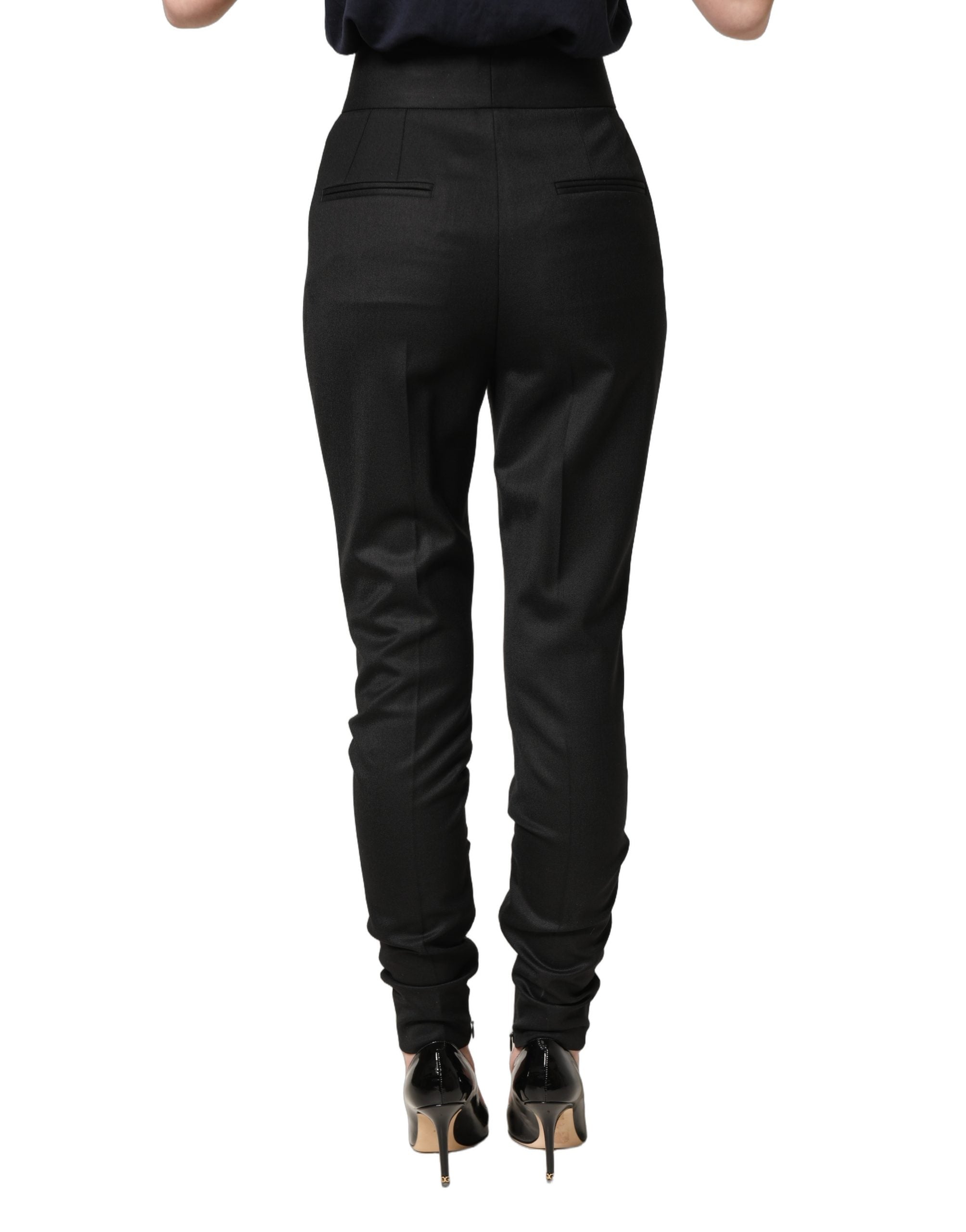 Dolce & Gabbana Black Wool High Waisted Logo Trouser Pants