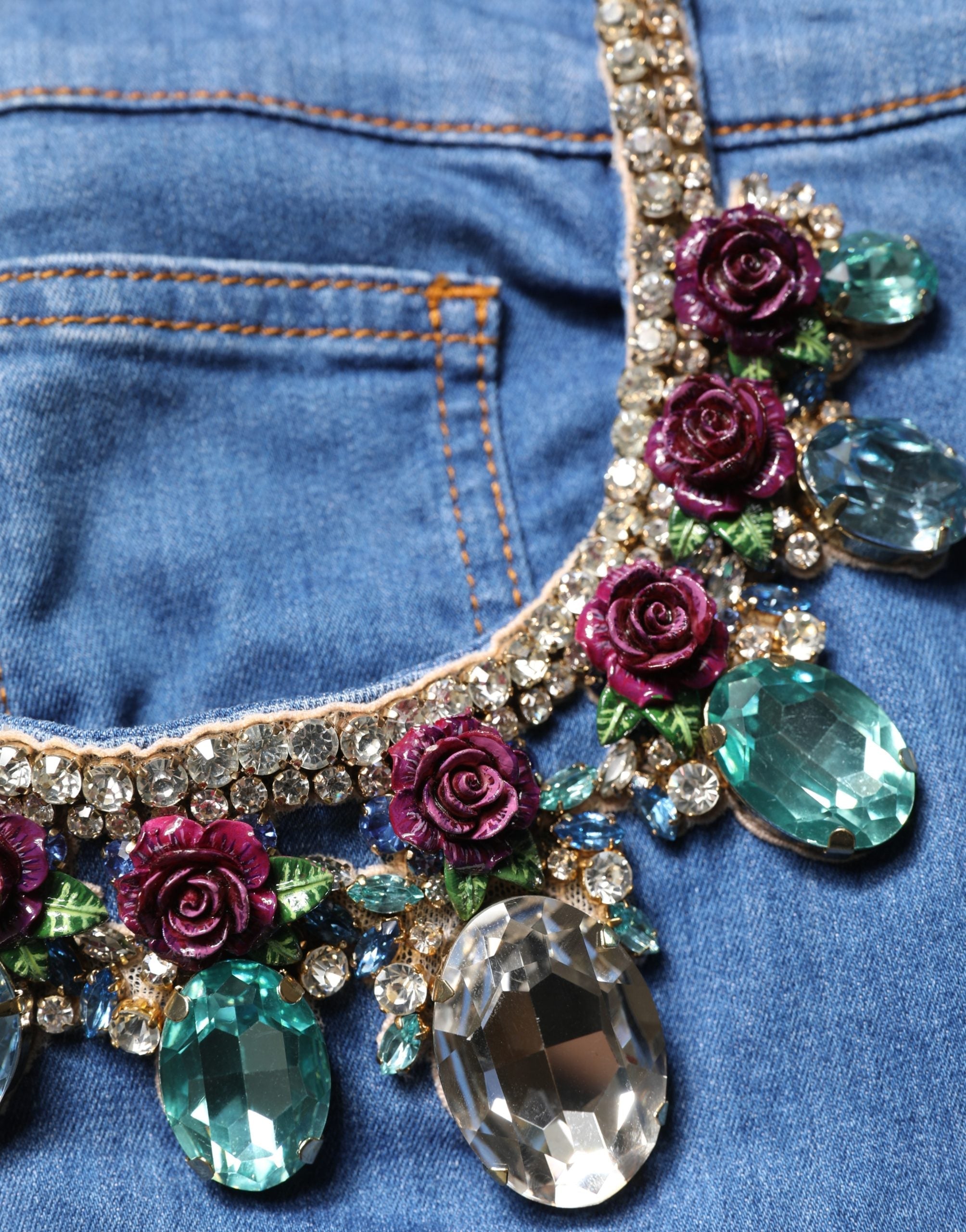 Dolce & Gabbana Blue Cotton Embellished BermudaDenim Shorts
